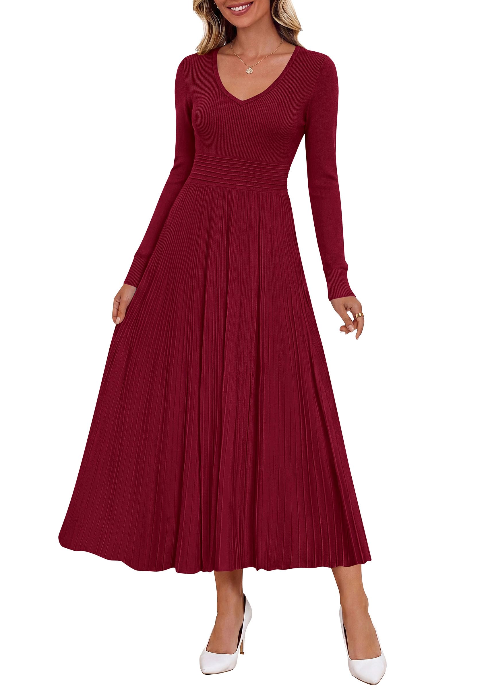 Women's Fall V Neck Pleated Midi Sweater Dress,Wine Red,S