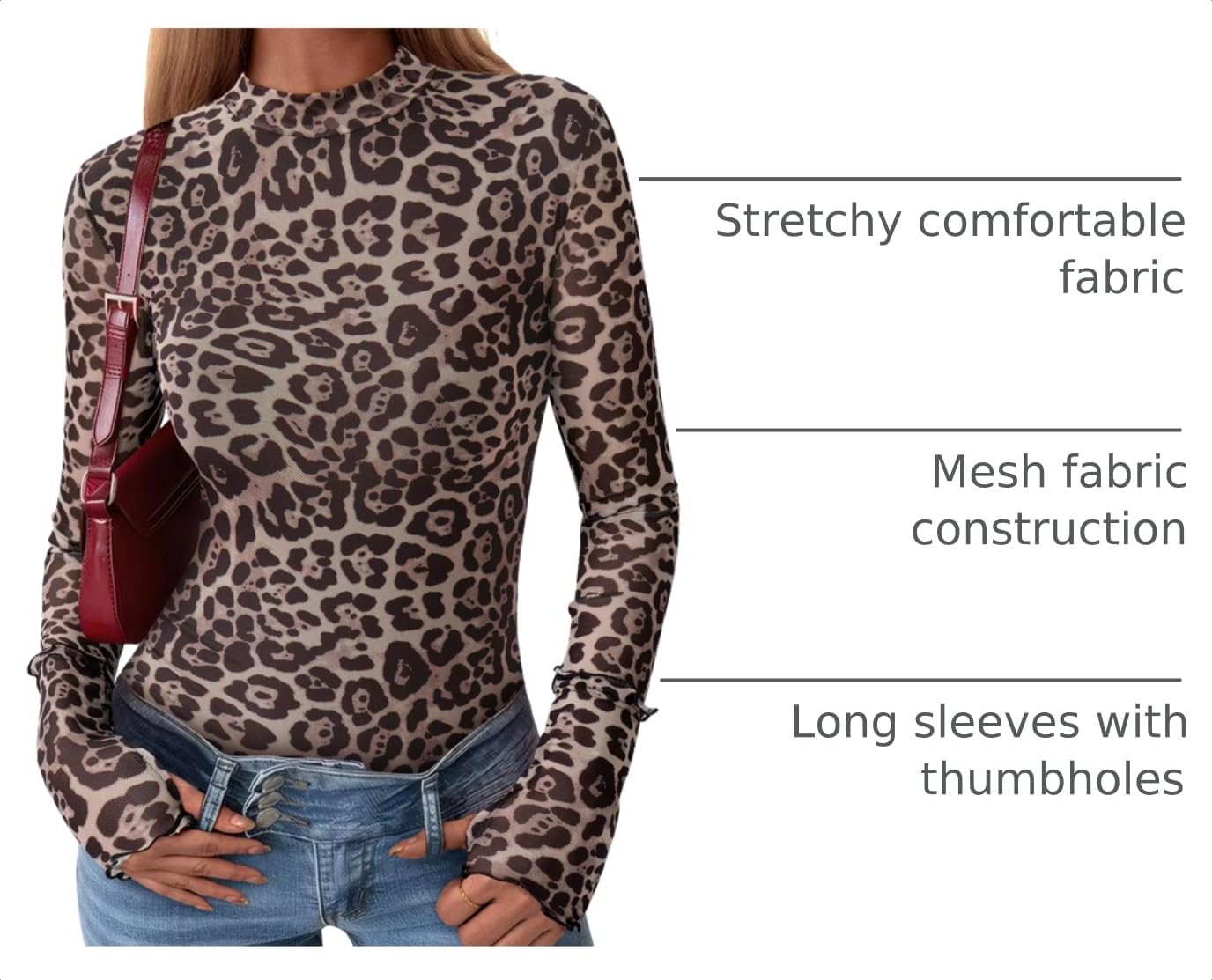 Womens Floral Mesh Long Sleeve Tops Fall Slim Fitted Shirts