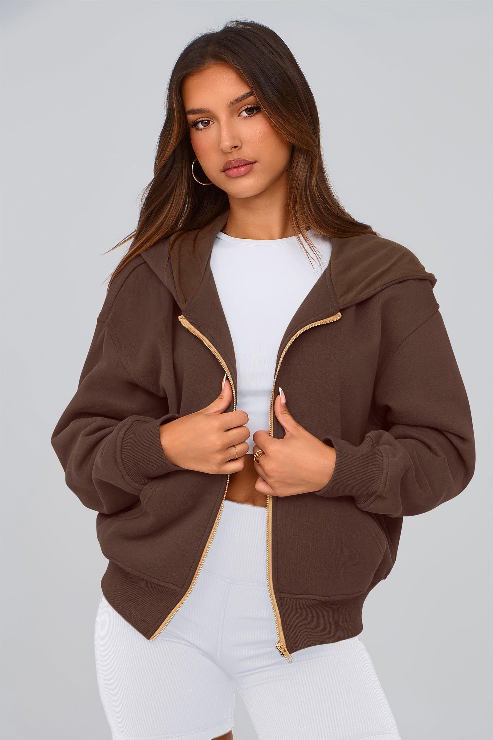 Hoodies for Women Fall Fashion Zip Up Fleece Plain Sweatshirt