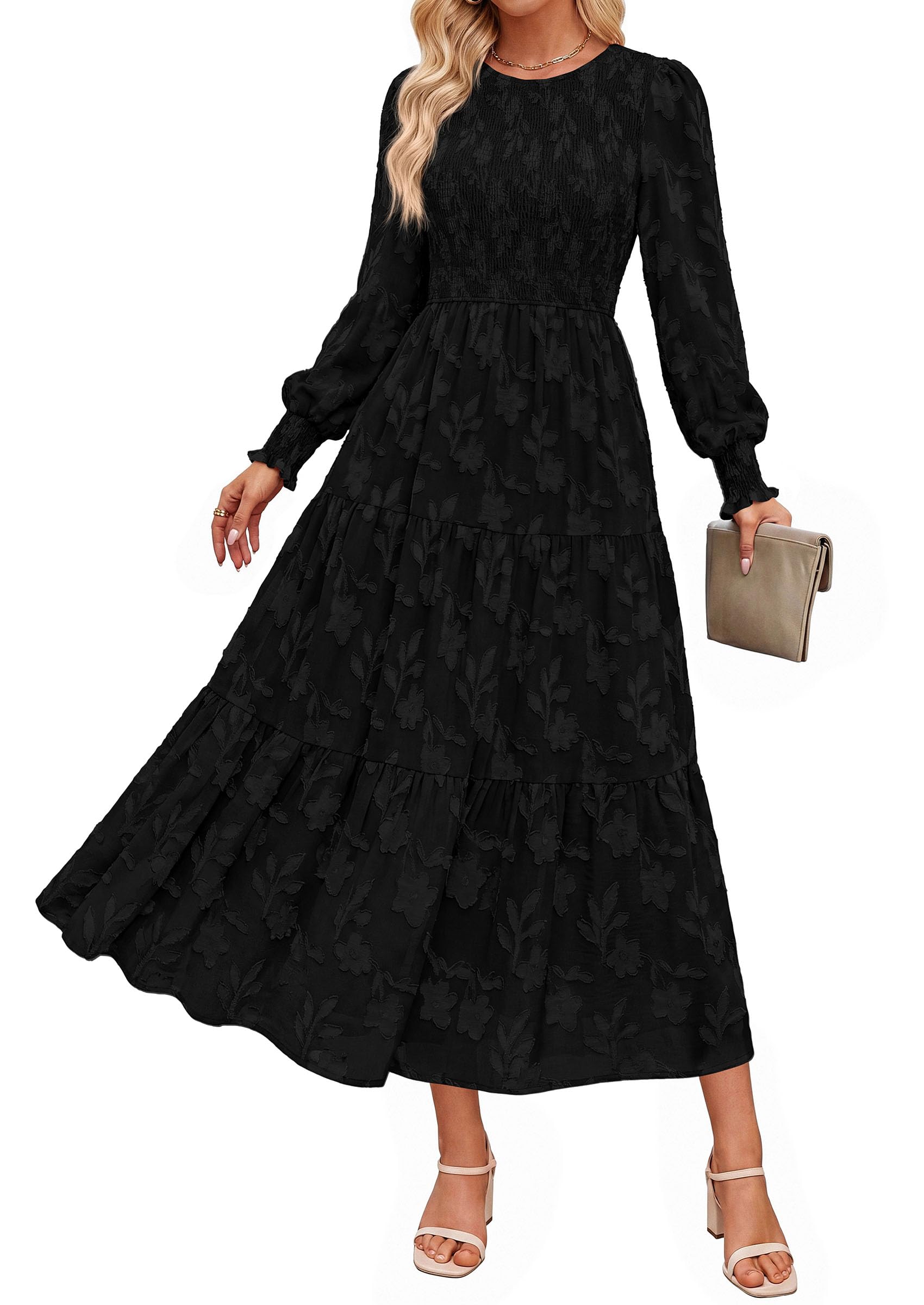 Fall Floral Long Sleeve Wedding Guest Dress for Women Pockets