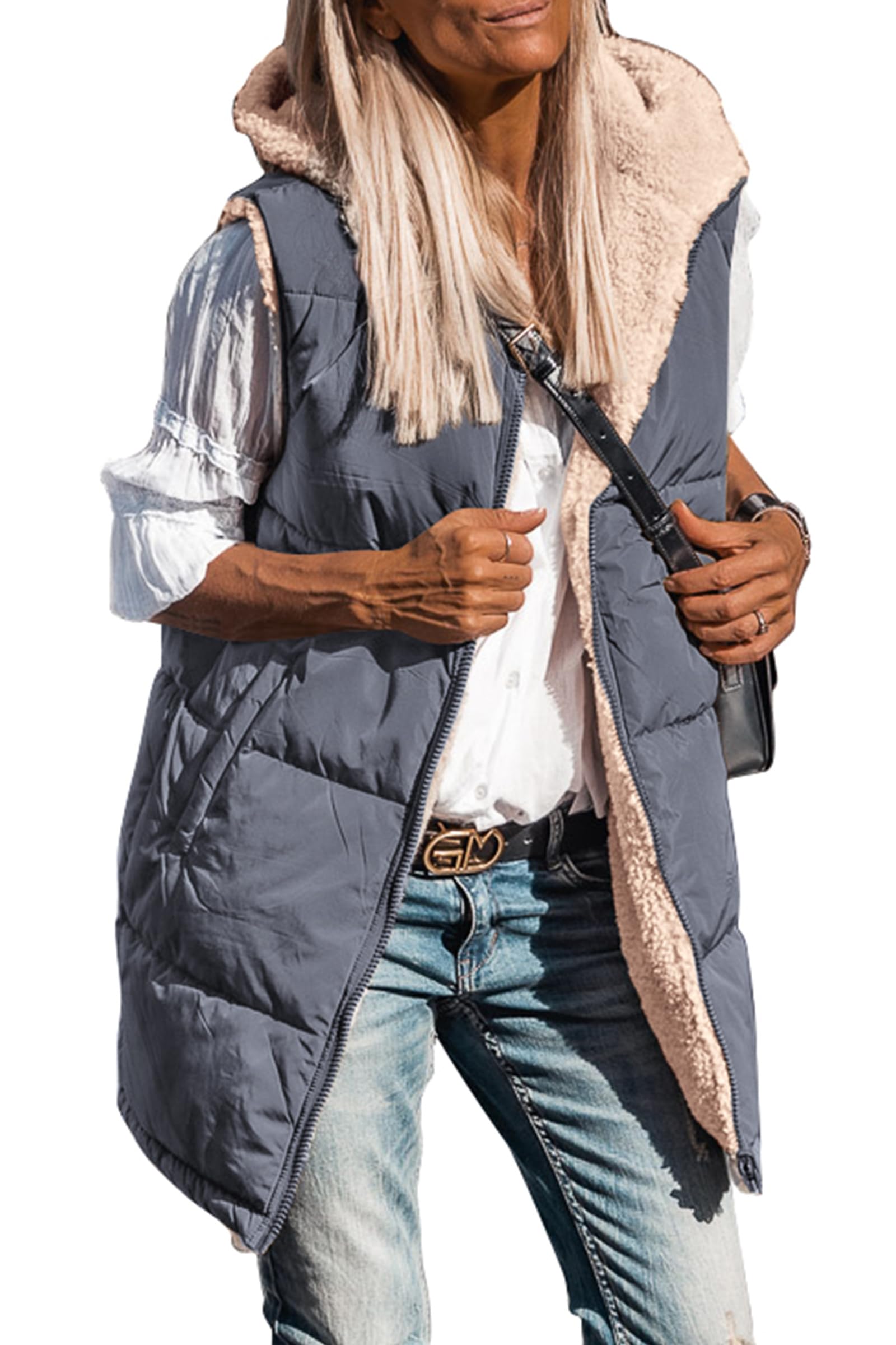Women's Winter Reversible Fleece Long Vests(Grey Blue,S)