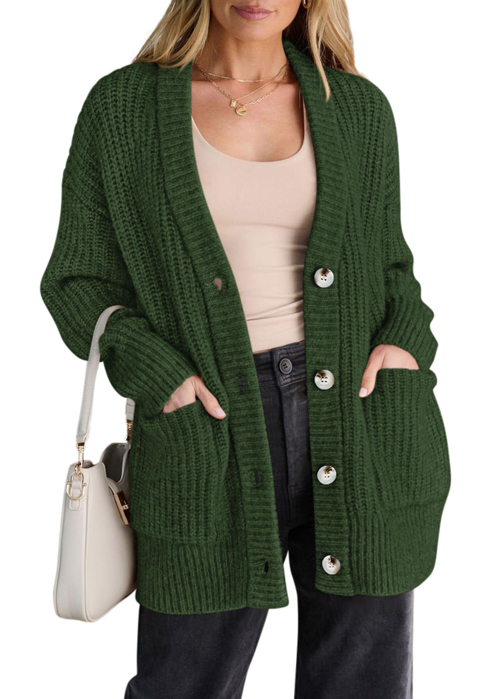 Oversized Cardigan Sweaters for Women Button Up,Army Green,S
