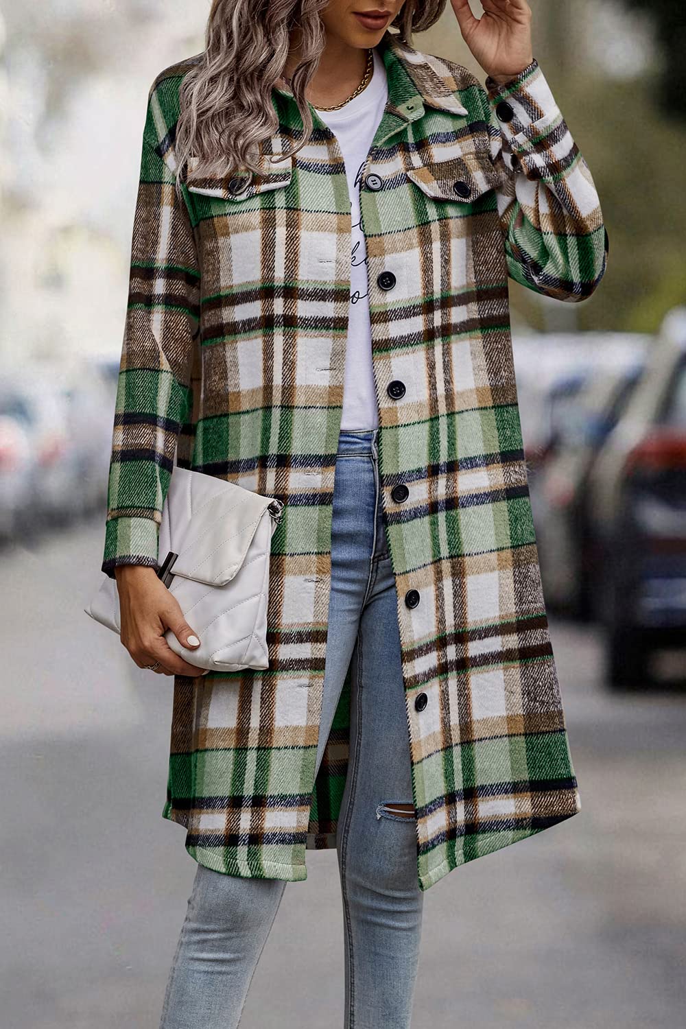 Womens Plaid Shacket Jacket Flannel Shirts,Green,L