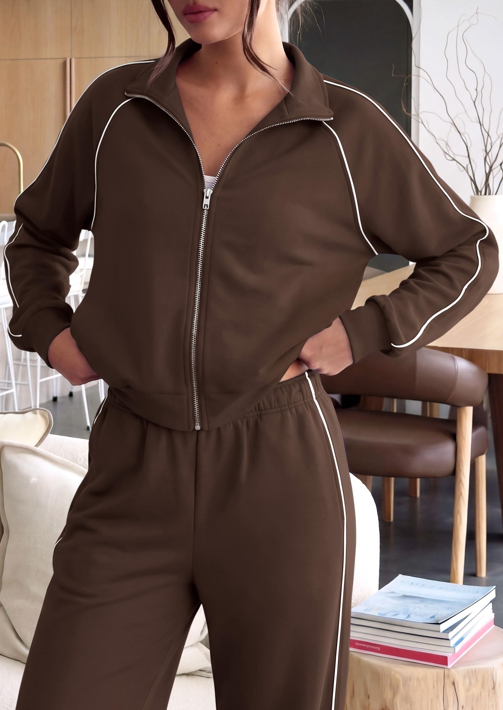 Women's 2 Piece Sweat Set Casual Fall Outfits,Brown,S