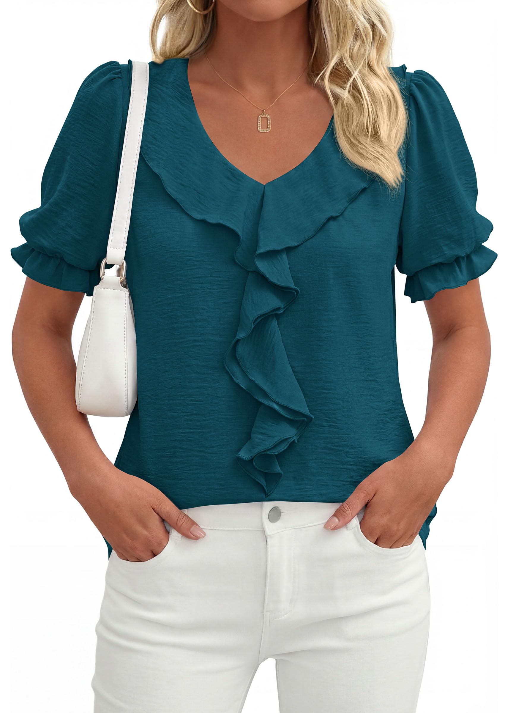 Women's Summer Ruffle Dressy Casual Blouses (Dark Blue,S)