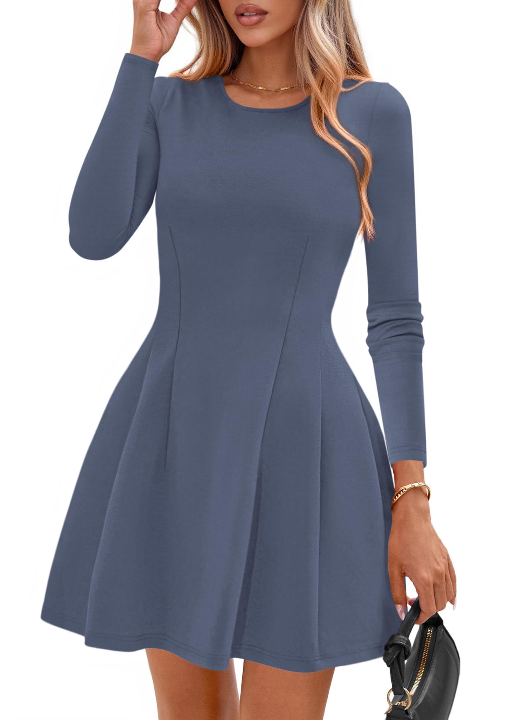Womens Long Sleeve Pleated Mini Dress,Blue,XS