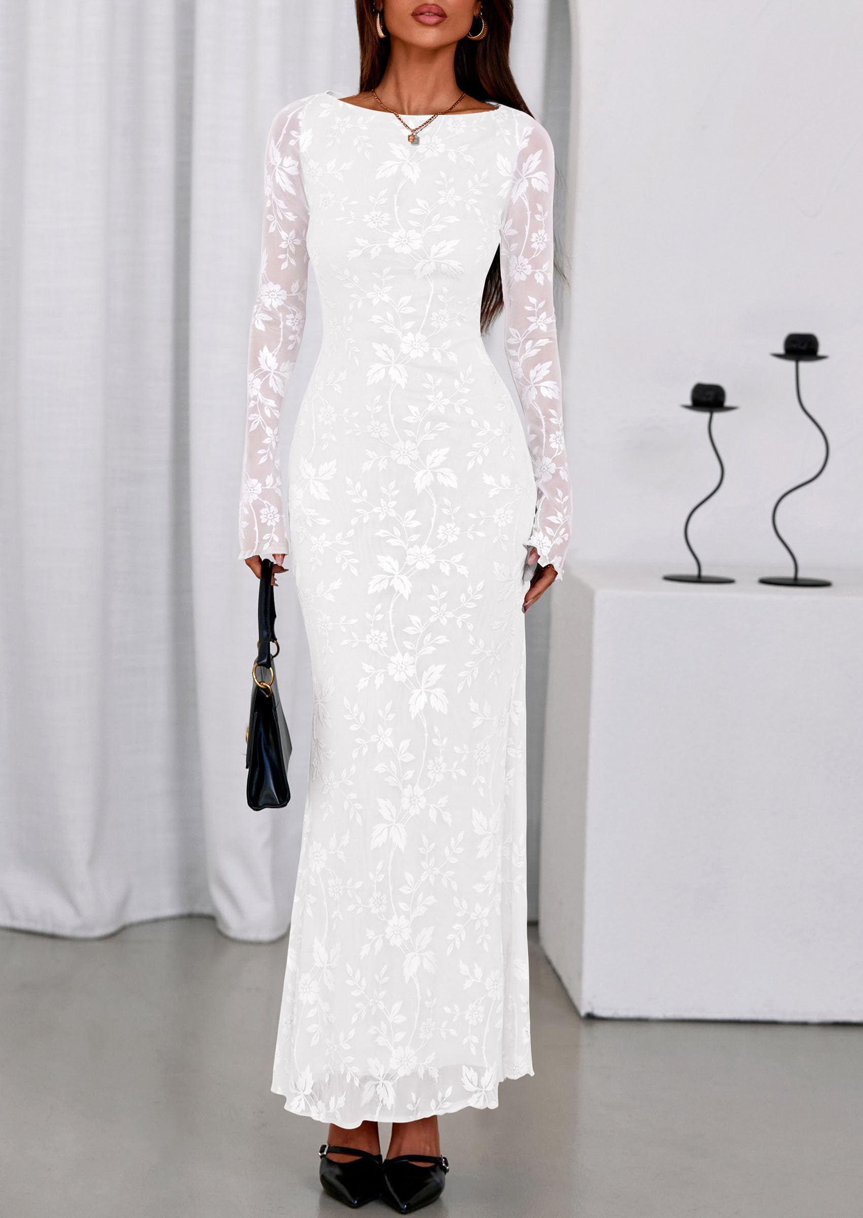 Women's Floral Bodycon Maxi Dress Wedding Guest Dresses White