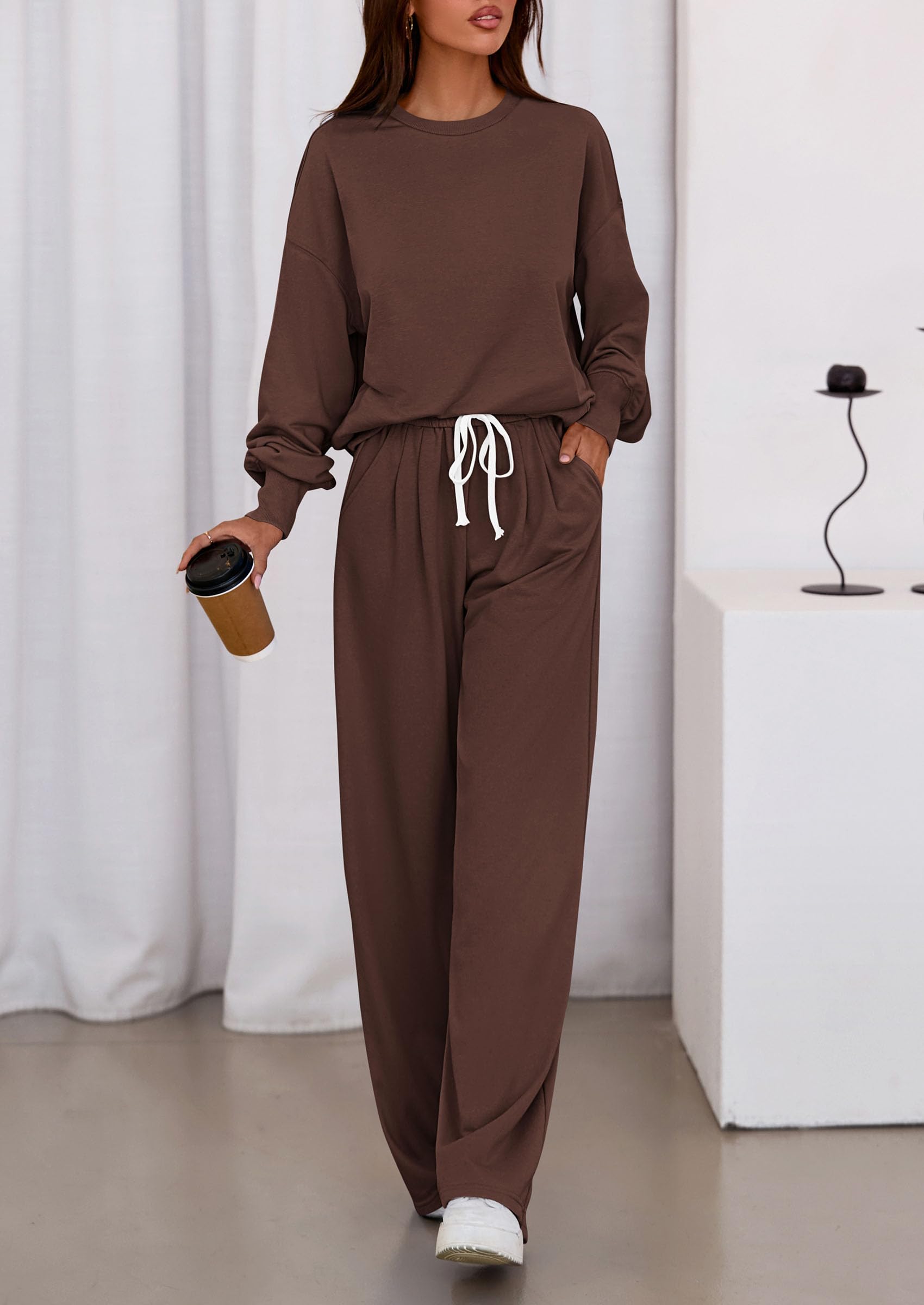 Womens Loose Fit Casual 2 Piece Lounge Set,Brown,S