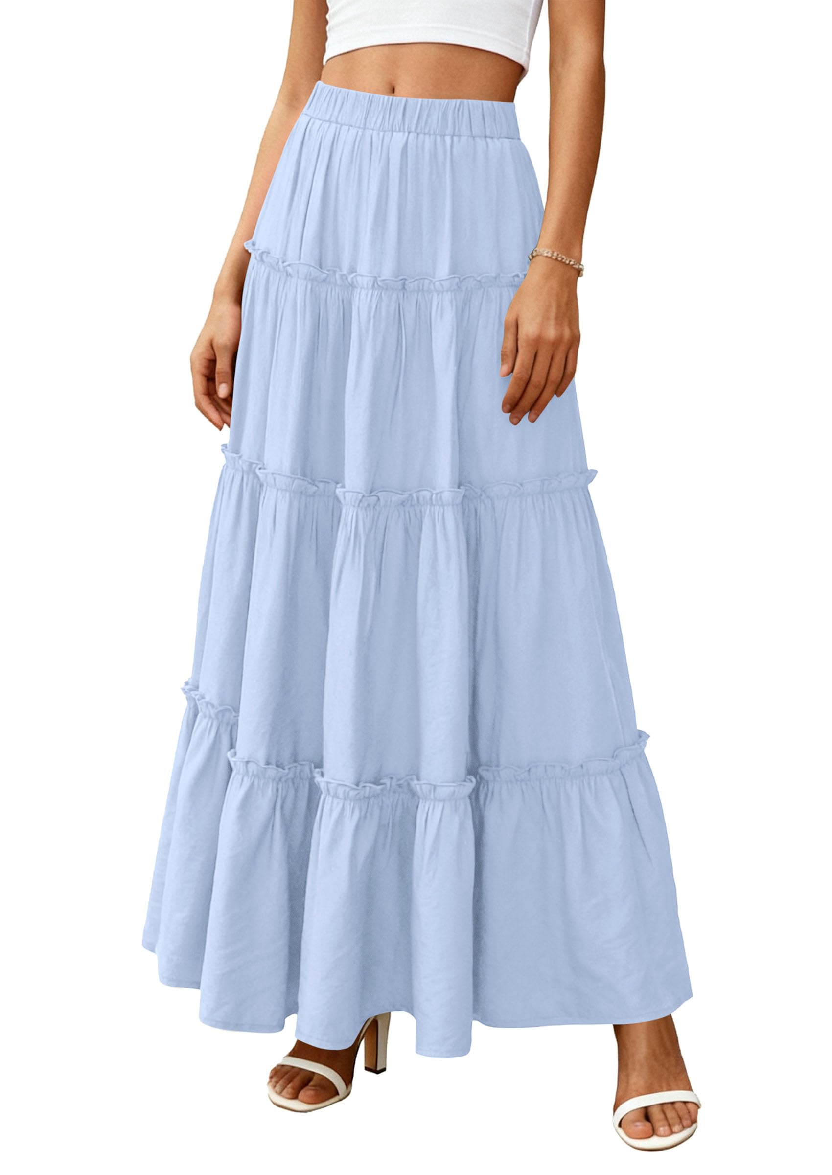 Women's Boho Tiered Ruffle Flowy Maxi Skirt, Sky Blue,S