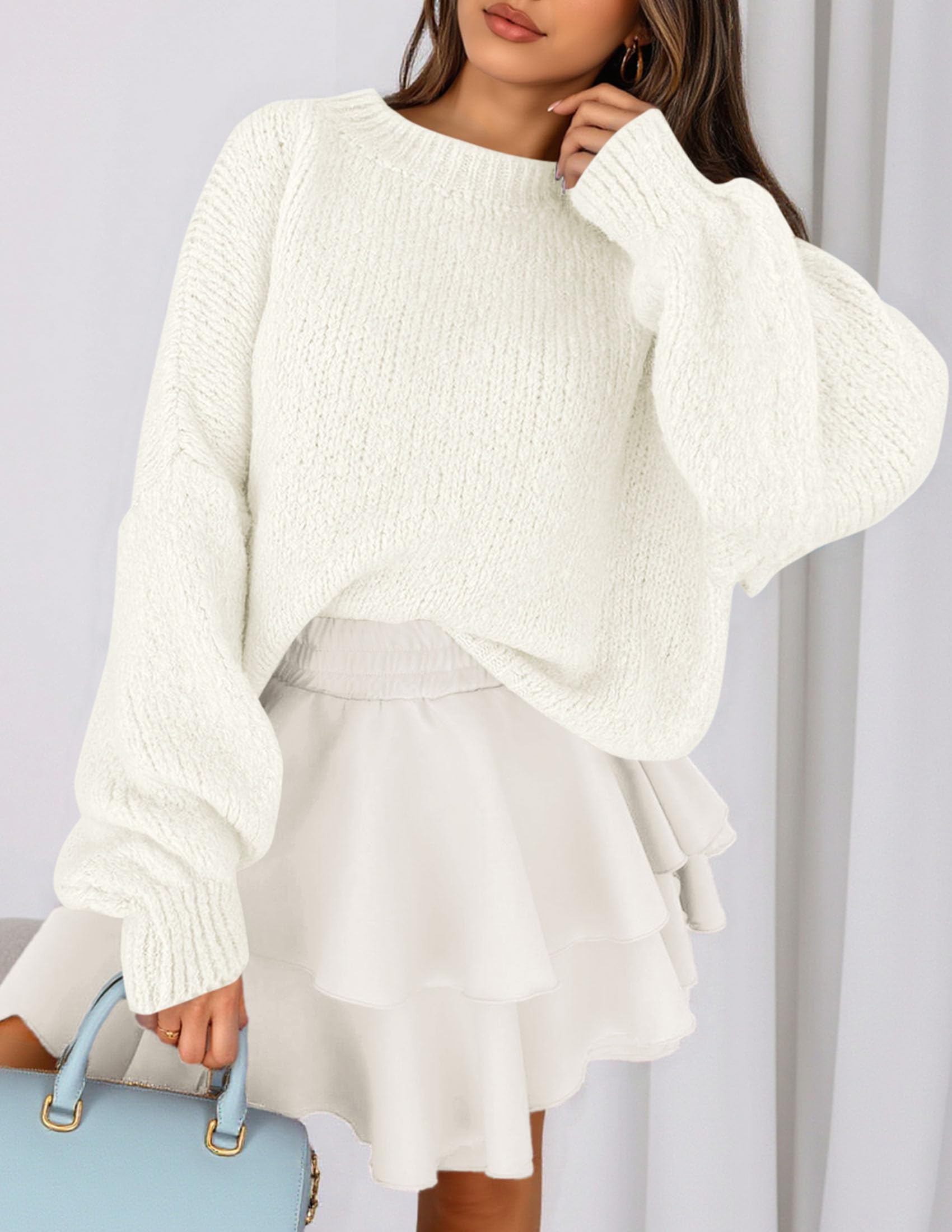 Women's Chunky Knit Oversized Pullover Sweaters,White,S