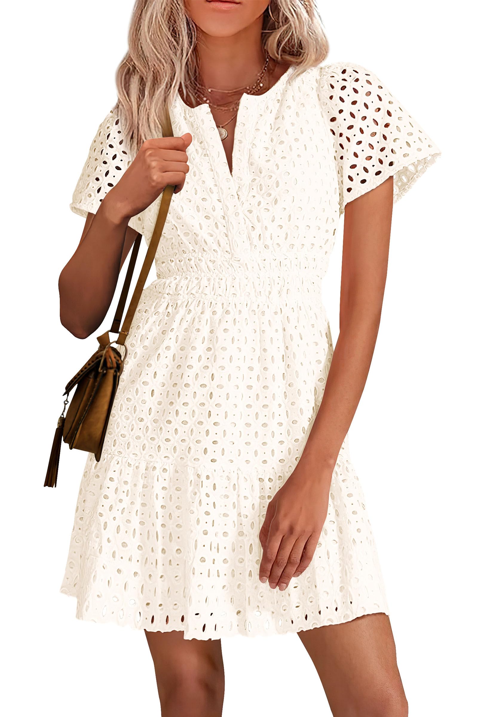 Women's Summer Eyelet Lace Short Dresses (Beige White,S)