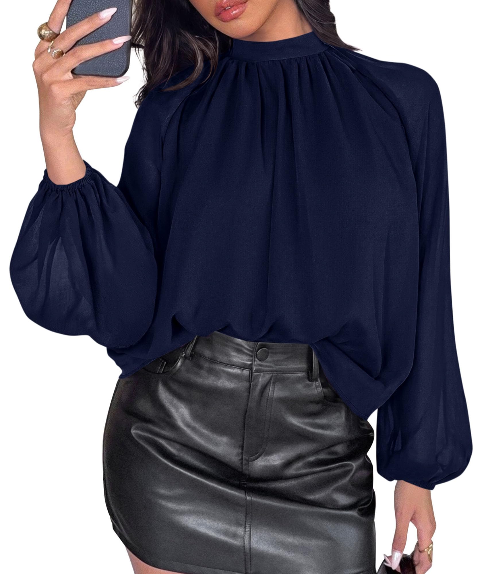 Chiffon Blouses for Women Dressy Casual Mock Neck Tops