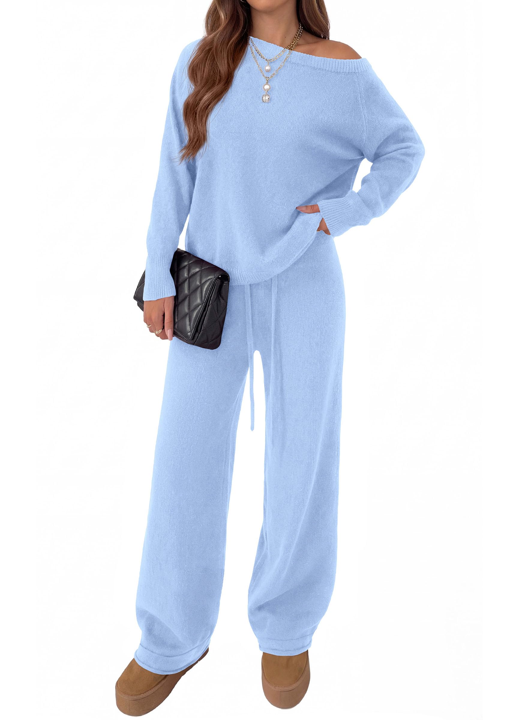 Lounge Sets Womens Sweaters Two Piece Outfits (Light Blue,L)