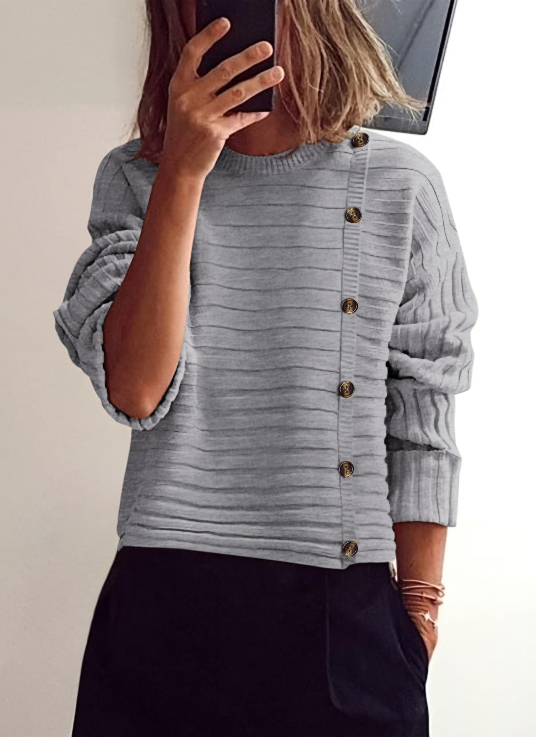 Womens Asymmetric Button Long Sleeve Sweater,Light Grey,S