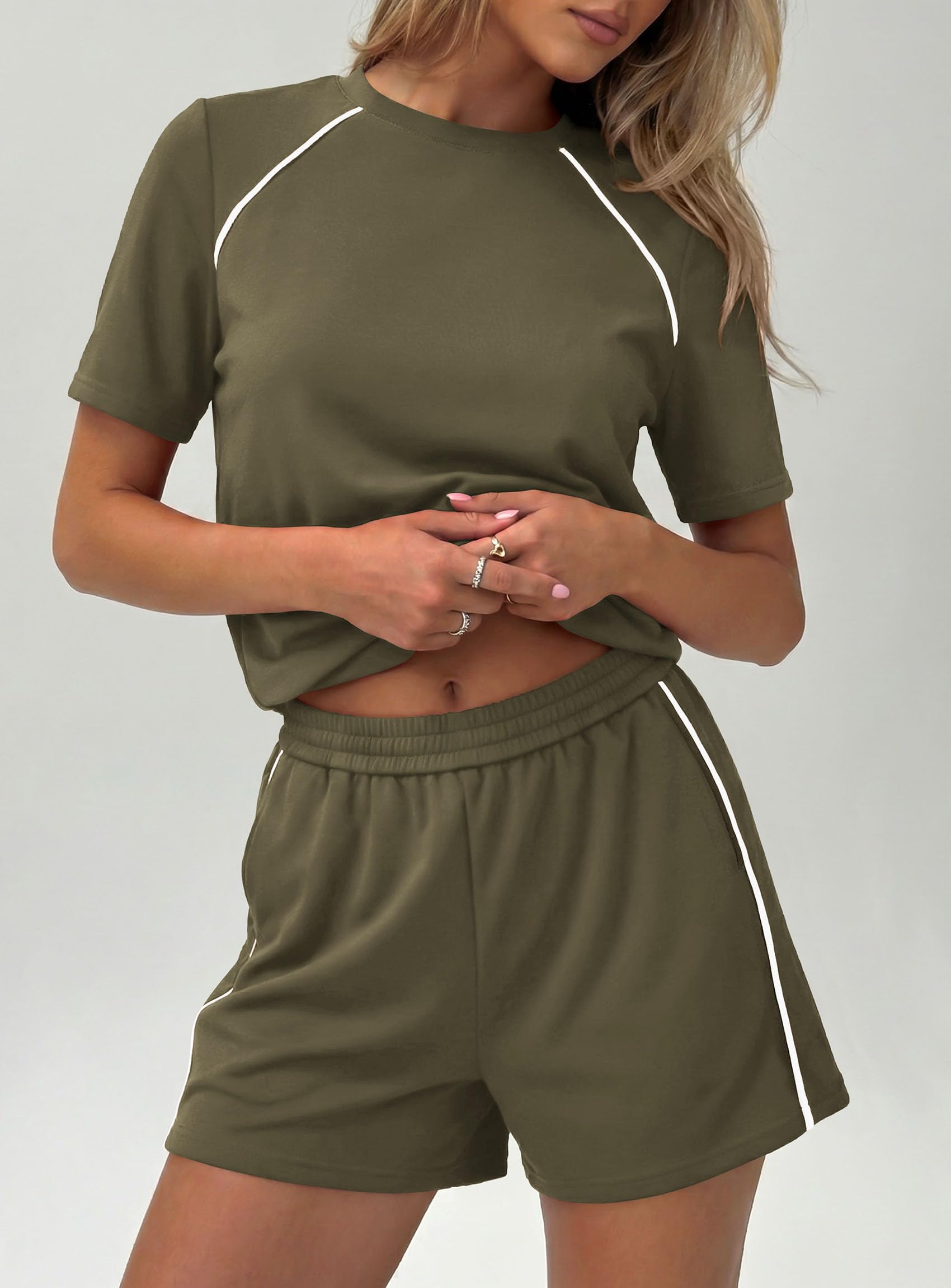 Womens 2 Piece Short Sets Casual Summer Outfits, Army Green,S