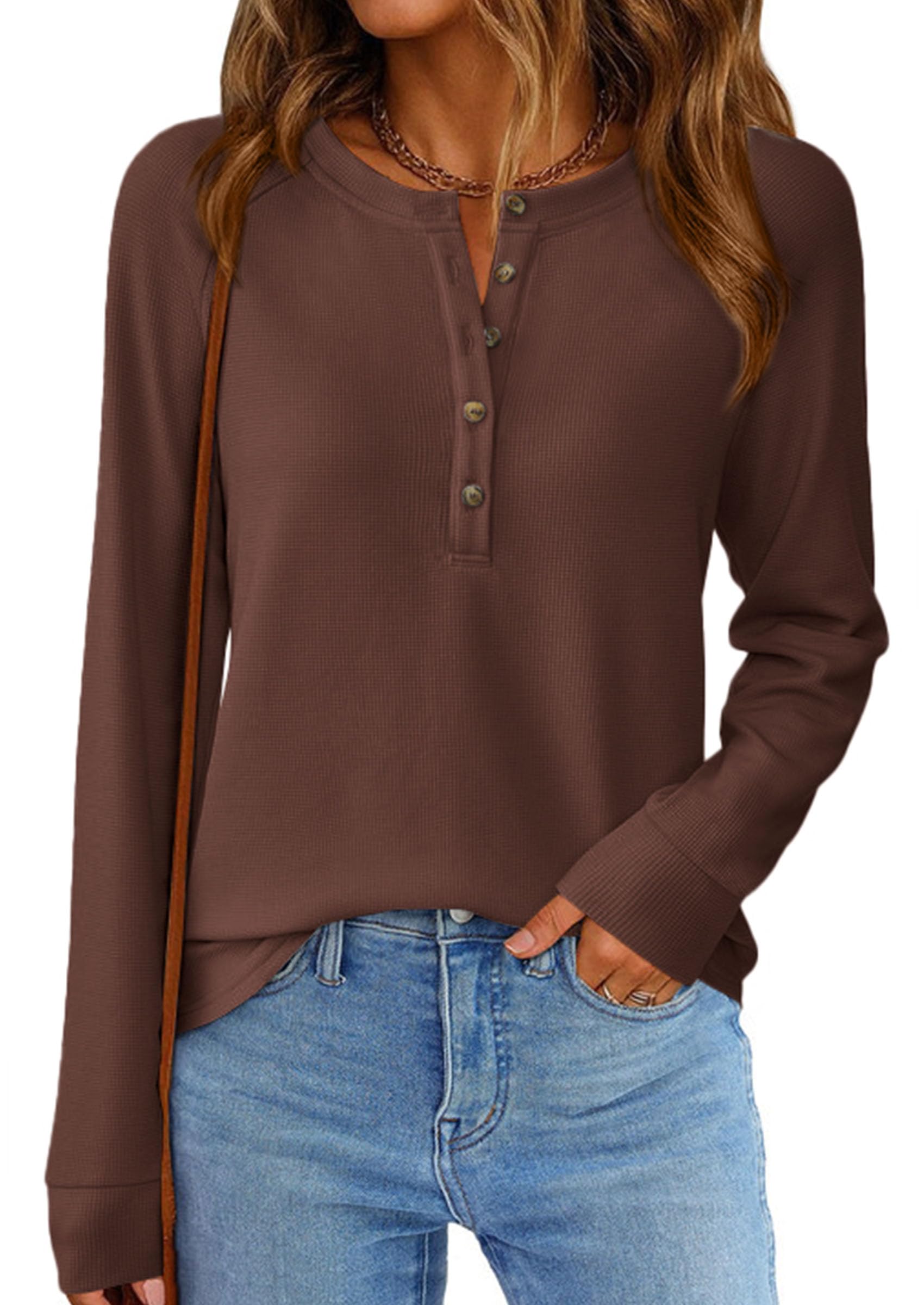 Women's Long Sleeve Waffle Knit Henley Shirts Loose Tunic Tops