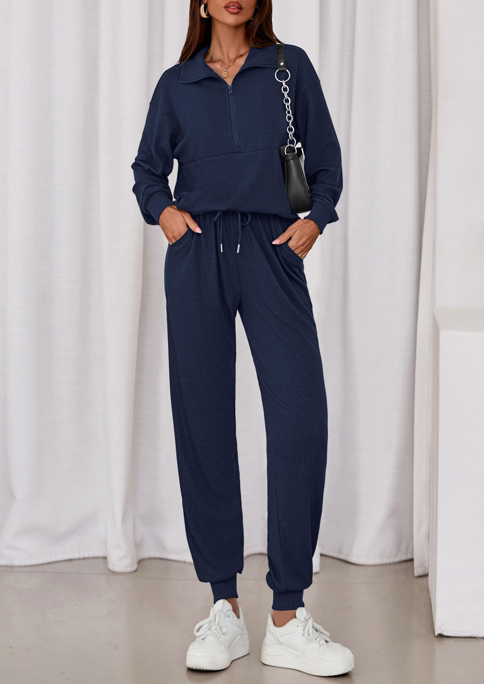 Airport Travel Outfit Women Ribbed Knit Matching Lounge Sets