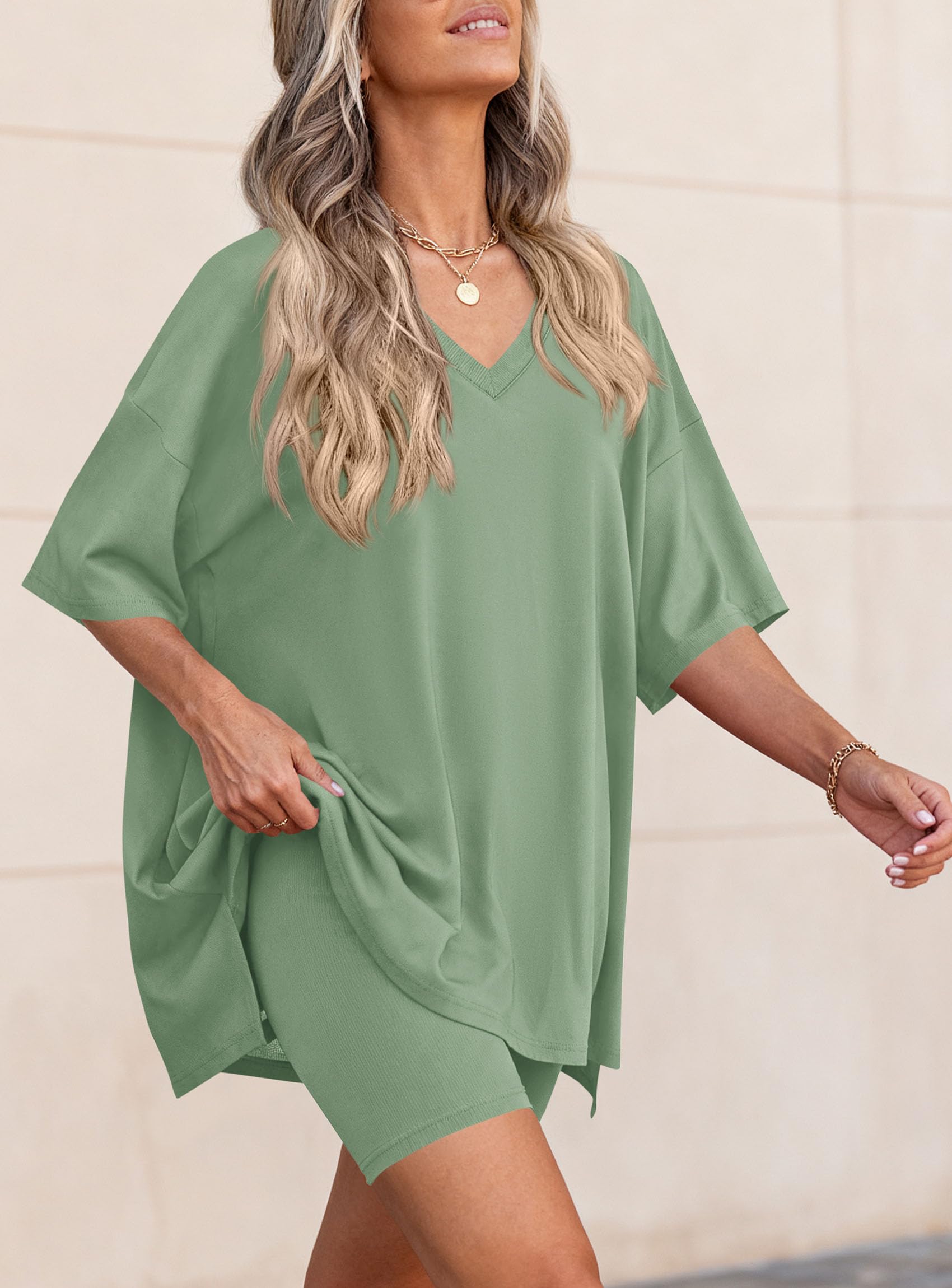 Womens 2 Piece Outfit Lounge Short Sets,Bean Green,S