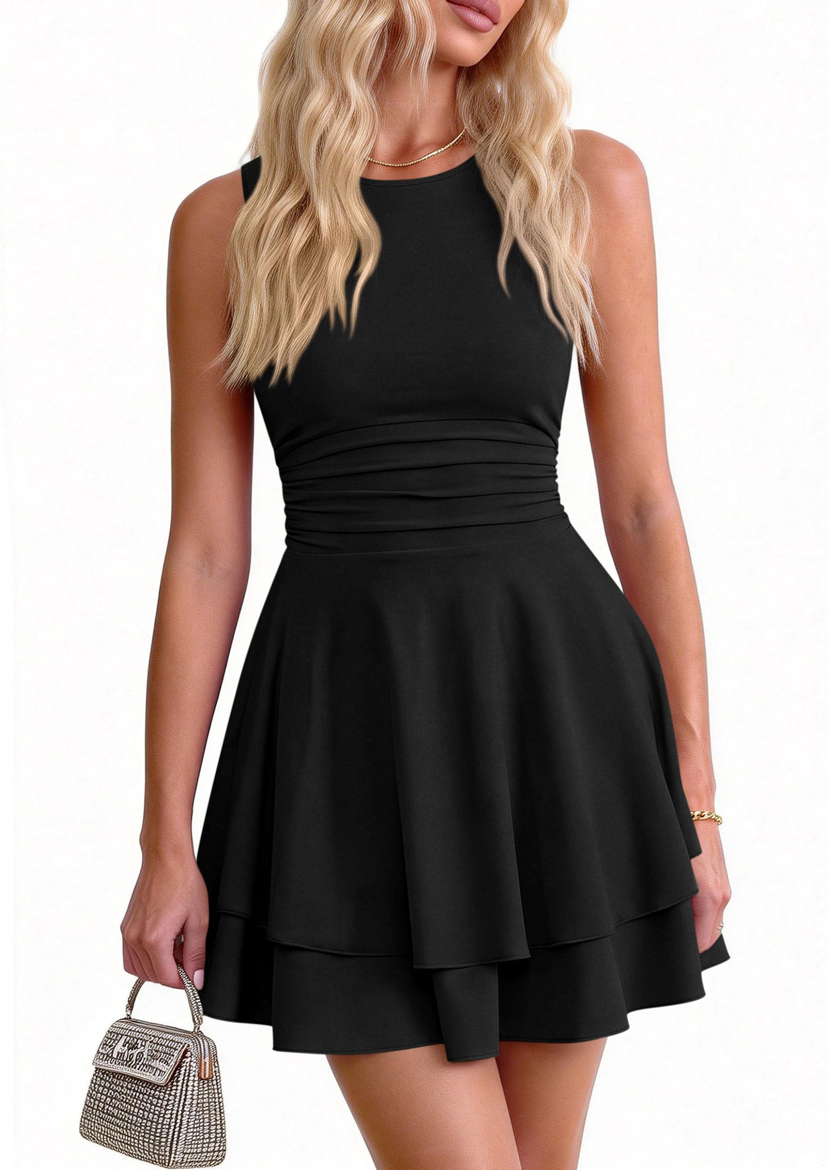 Women's Summer Mini Ruffle Date Night Dress (Black,S)