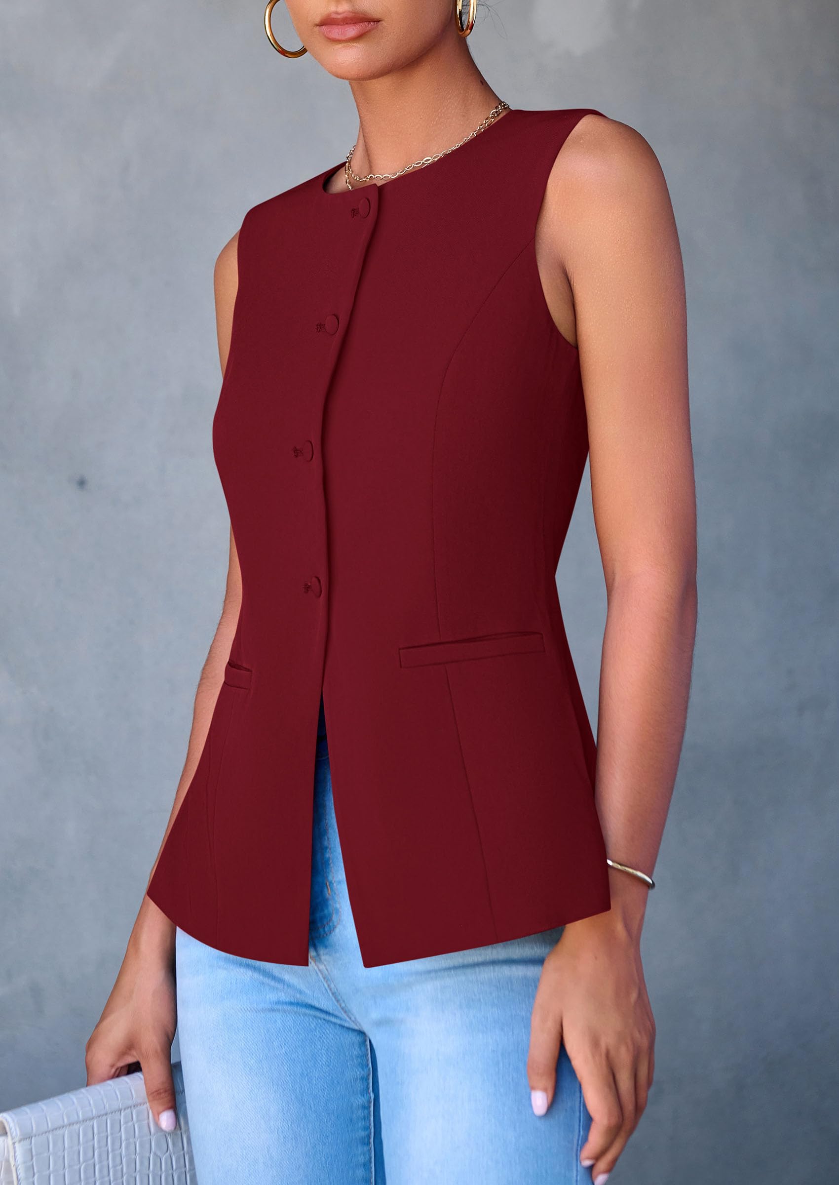 Women Tailored Suit Vest Business Casual Tops, Red,S