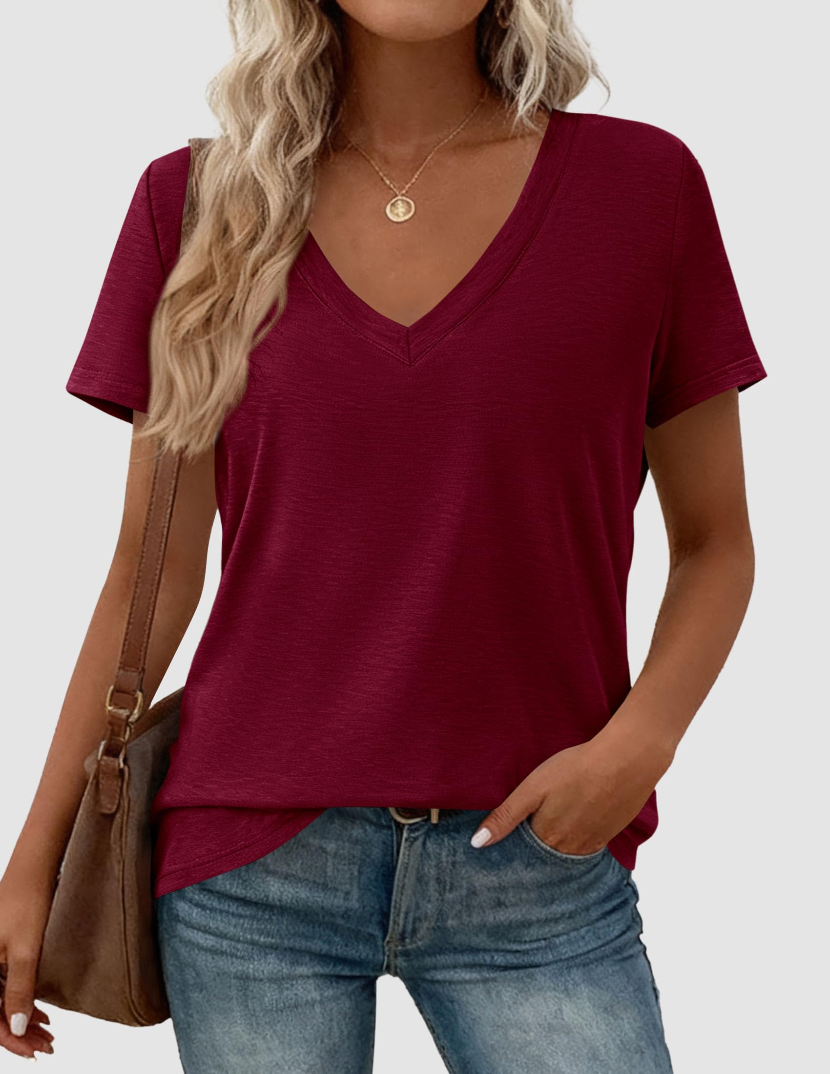 Womens Tops Short Sleeve Oversized Tshirts, Burgundy,S