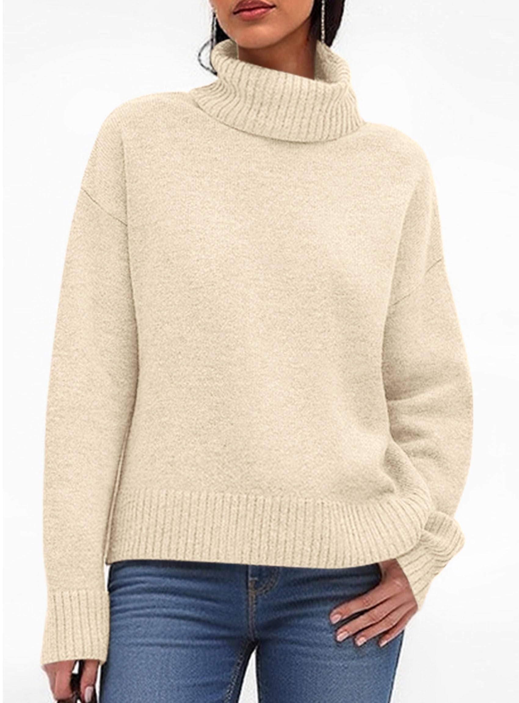 Womens Turtleneck Long Sleeve Knit Sweater,Beige,S