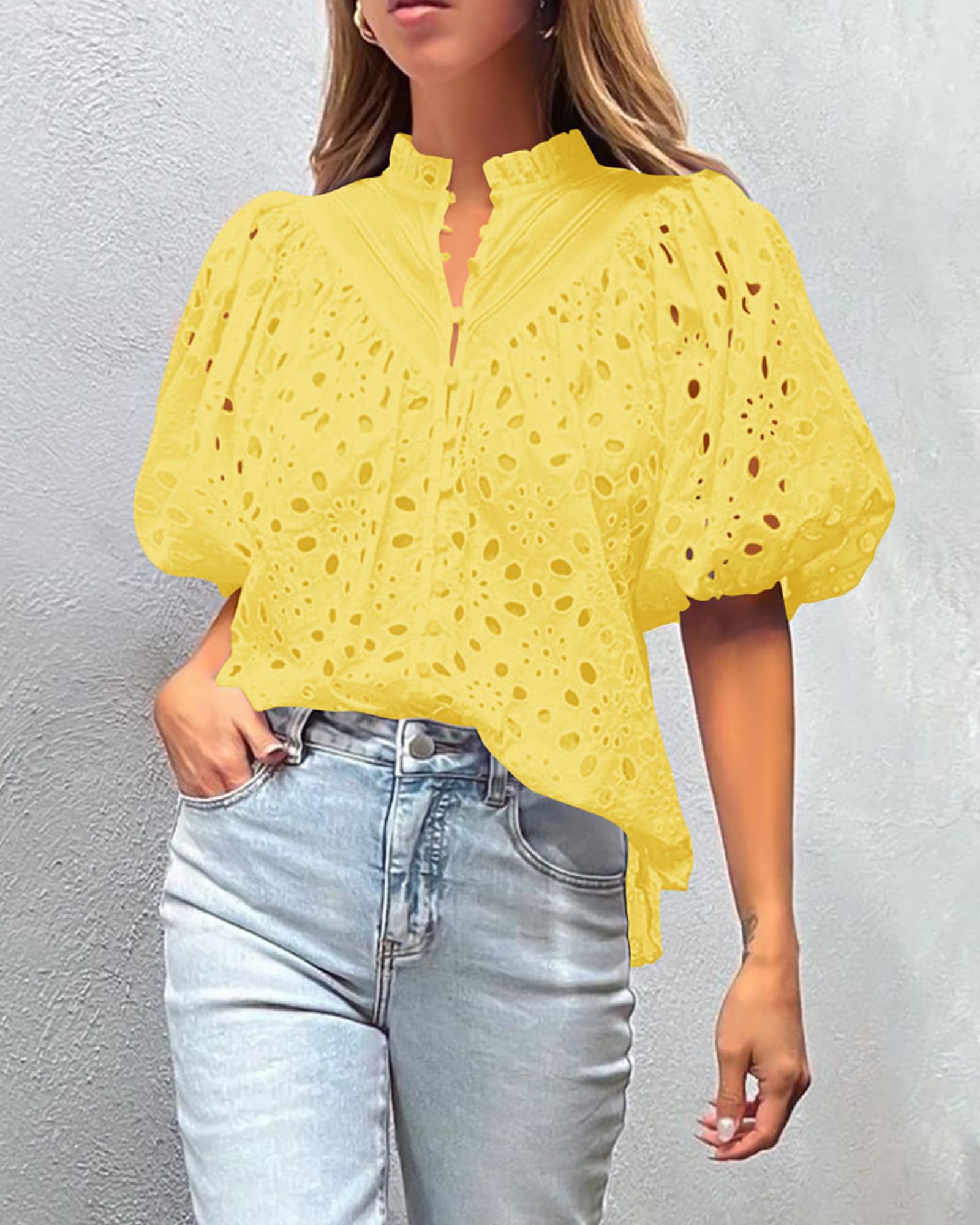 Womens Tops Boho Eyelet Puff Sleeve Blouse, Yellow,S
