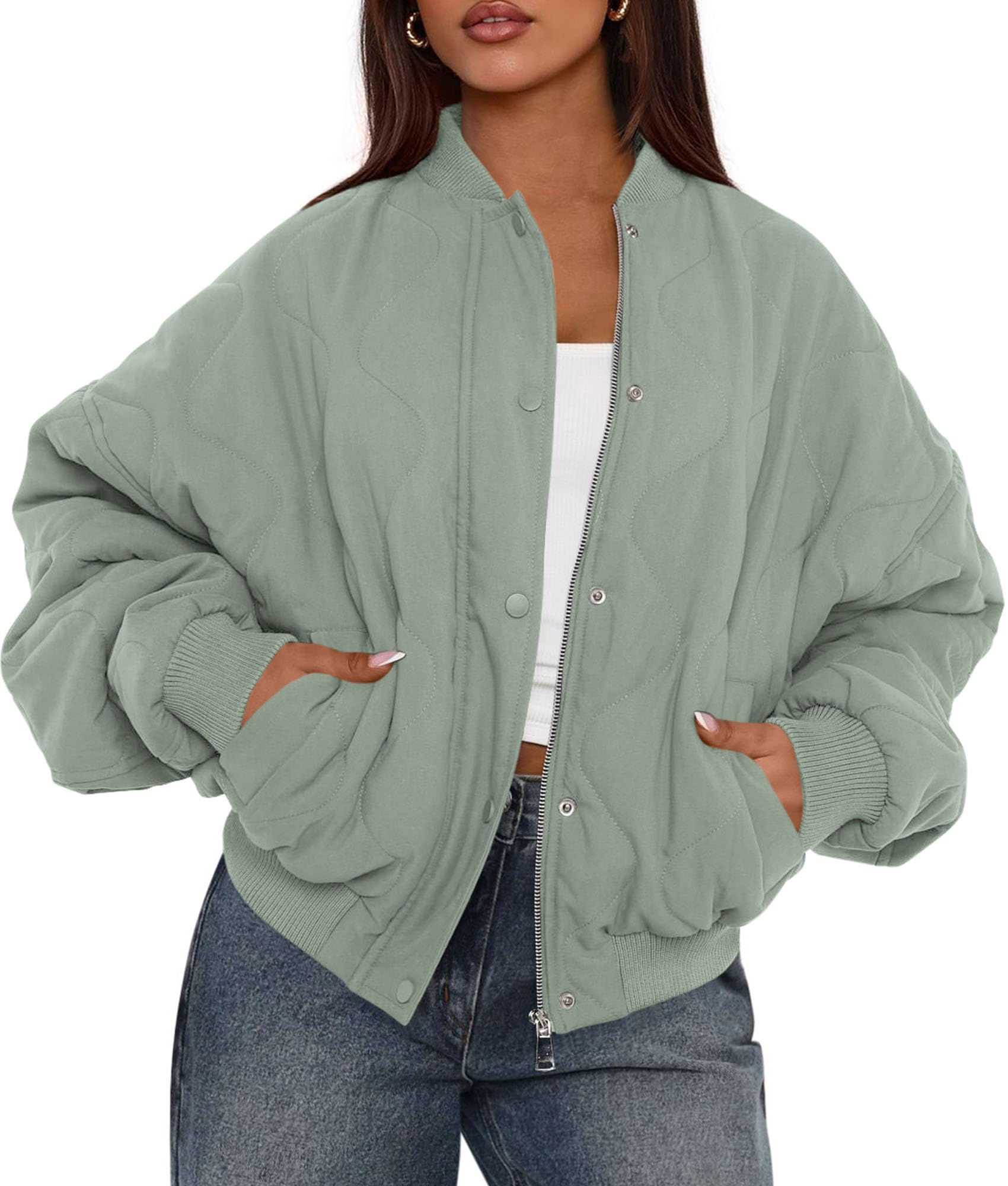Women's Quilted Bomber Jacket Fall Fashion 2026 Lightweight Cropped Zip up Outerwear Winter Puffer Coats Pockets (Sage Green,Small)