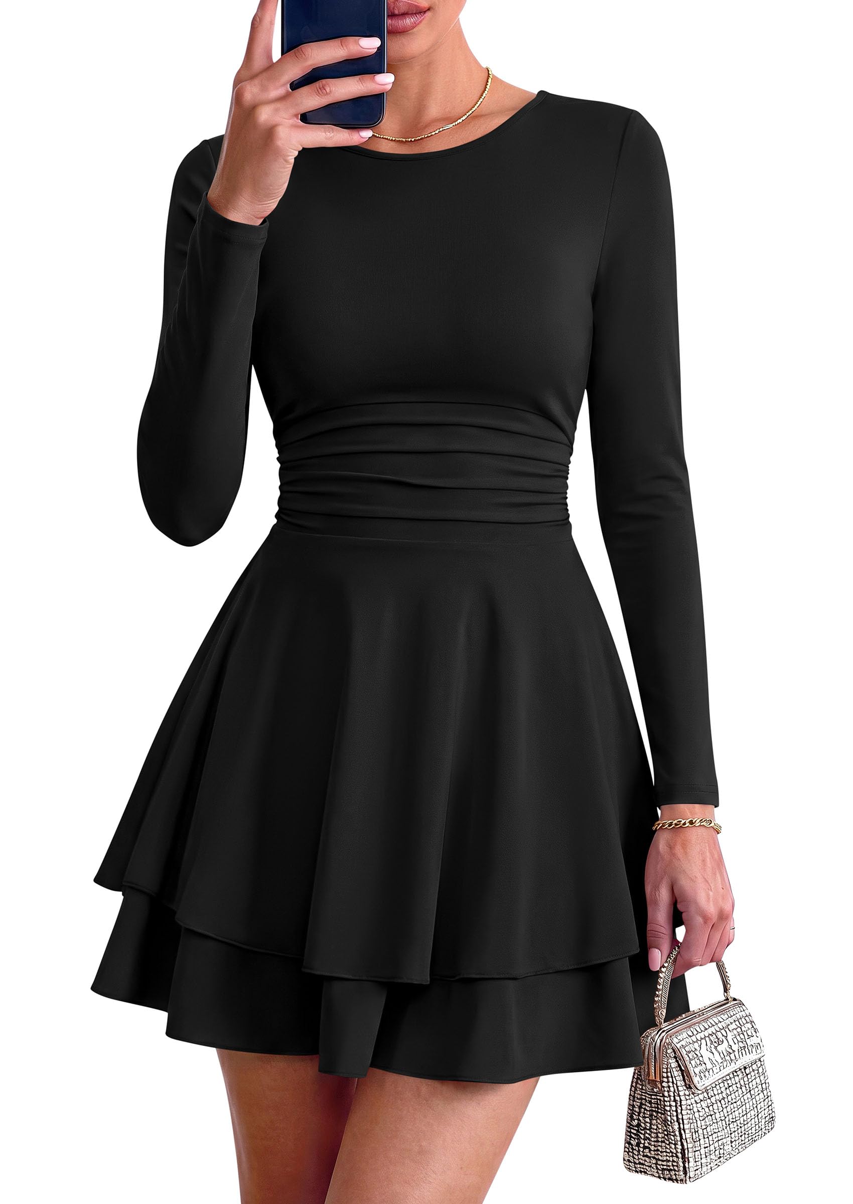 Womens Fit and Flare Crewneck Long Sleeve Mini Dress Black,S