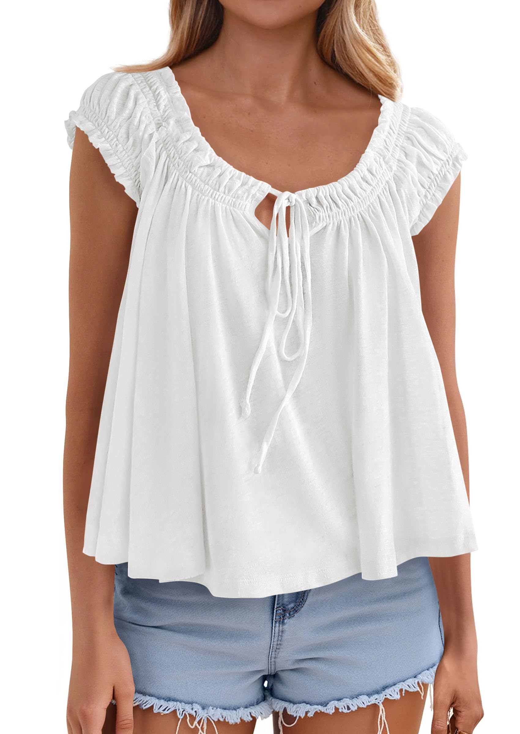 Womens Summer Tank Tops Babydoll Peplum Blouses,White,L