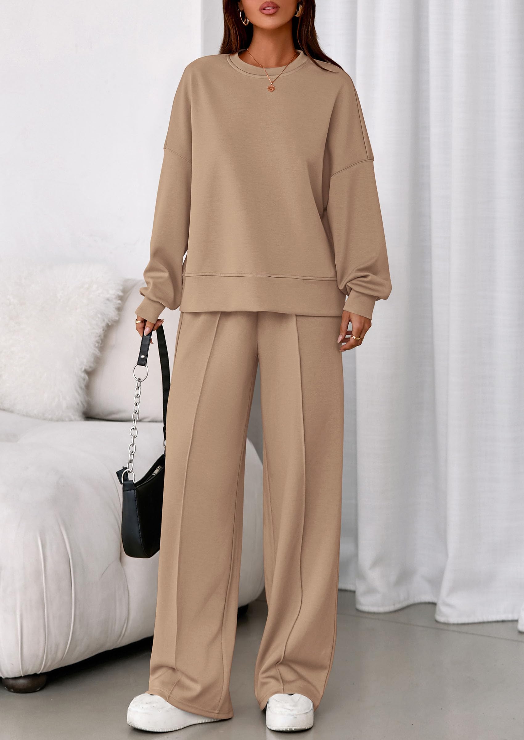 Womens Long Sleeve Sweatshirt 2 Piece Sets,Khaki,S
