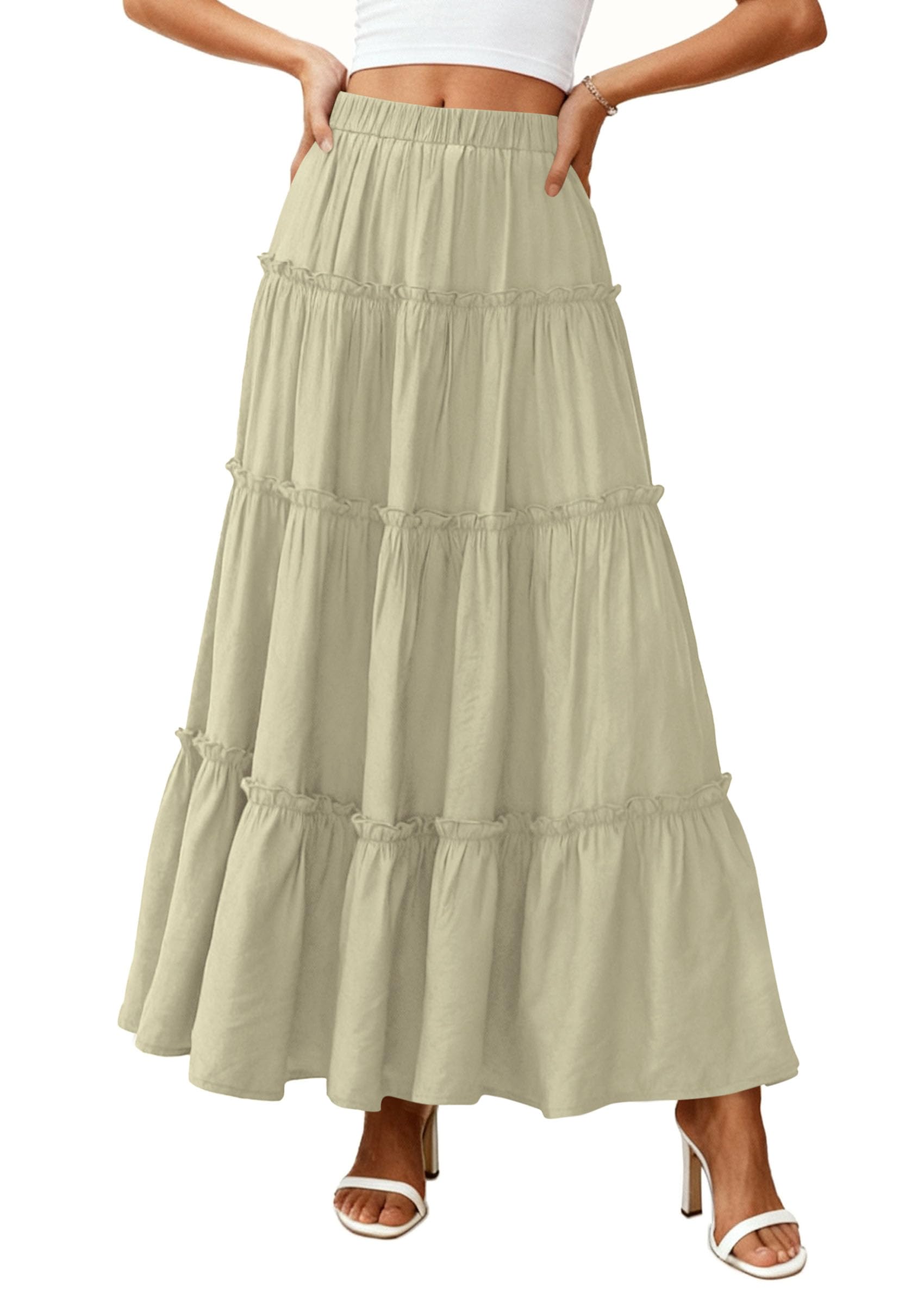 Women's Boho Tiered Ruffle Flowy Maxi Skirt, Sage Green,S