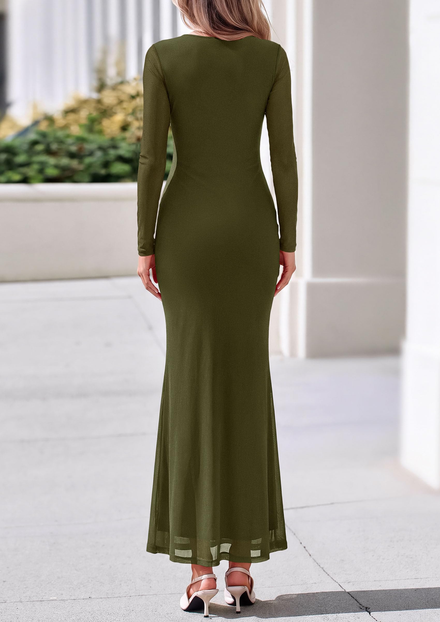 Womens Fall Long Sleeve Bodycon Tie Waist Mesh Maxi Dresses