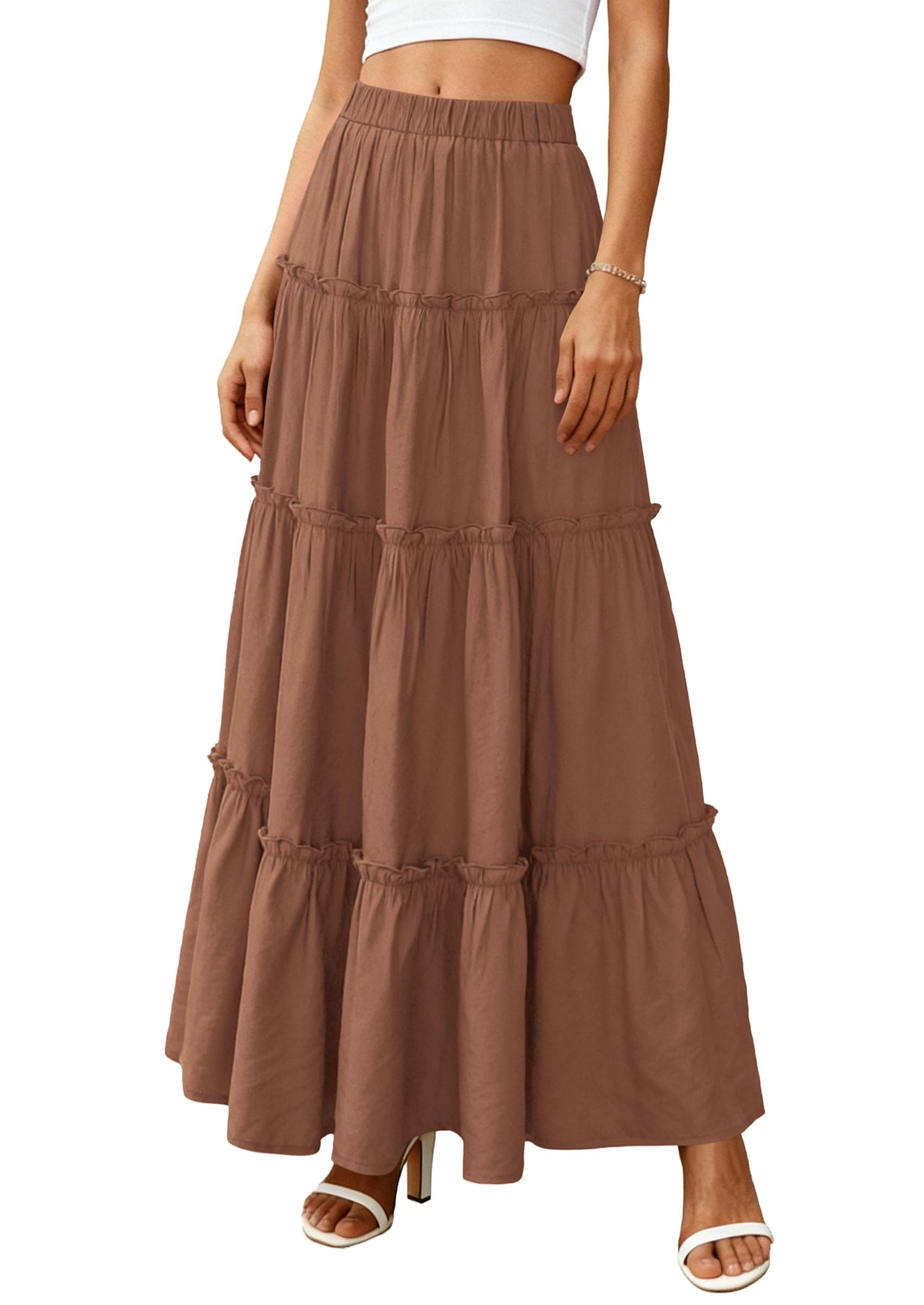 Women's Boho Tiered Ruffle Flowy Maxi Skirt, Light Brown,S