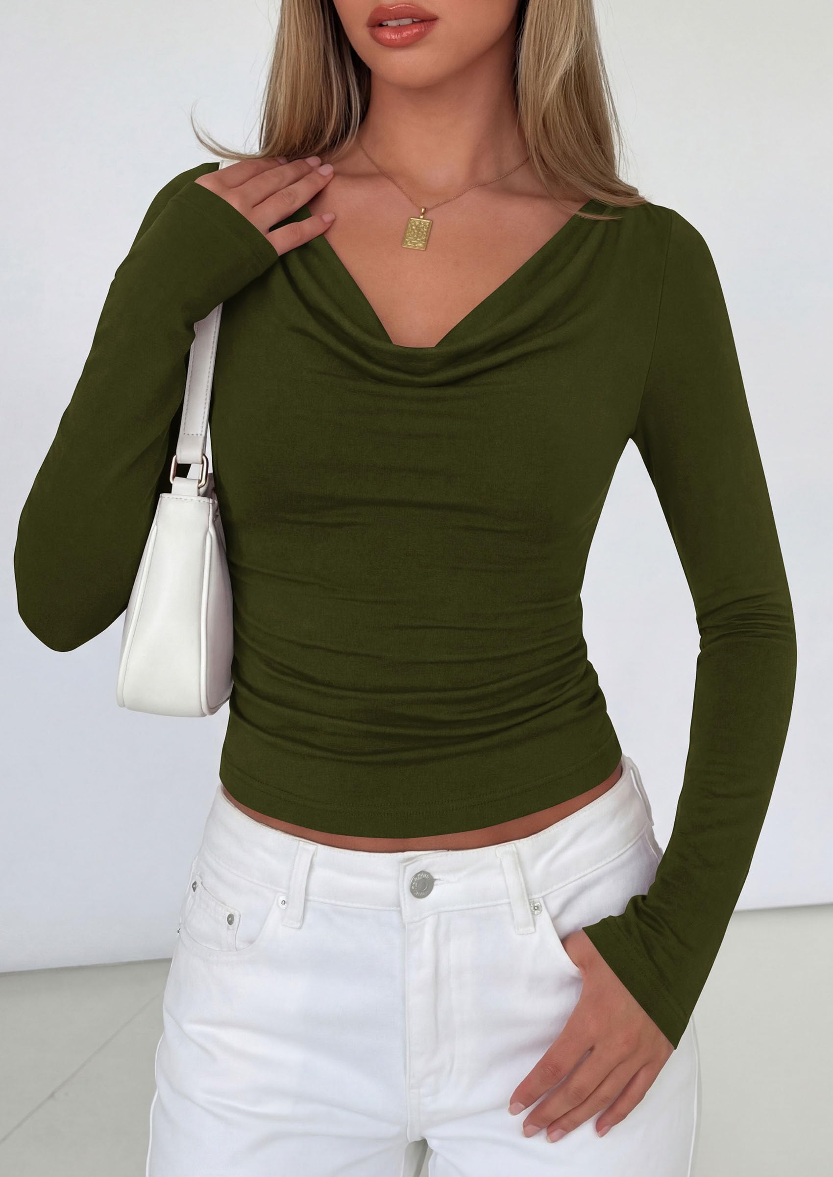 Women's Cowl Neck Long Sleeve Shirts (Army Green,XS)