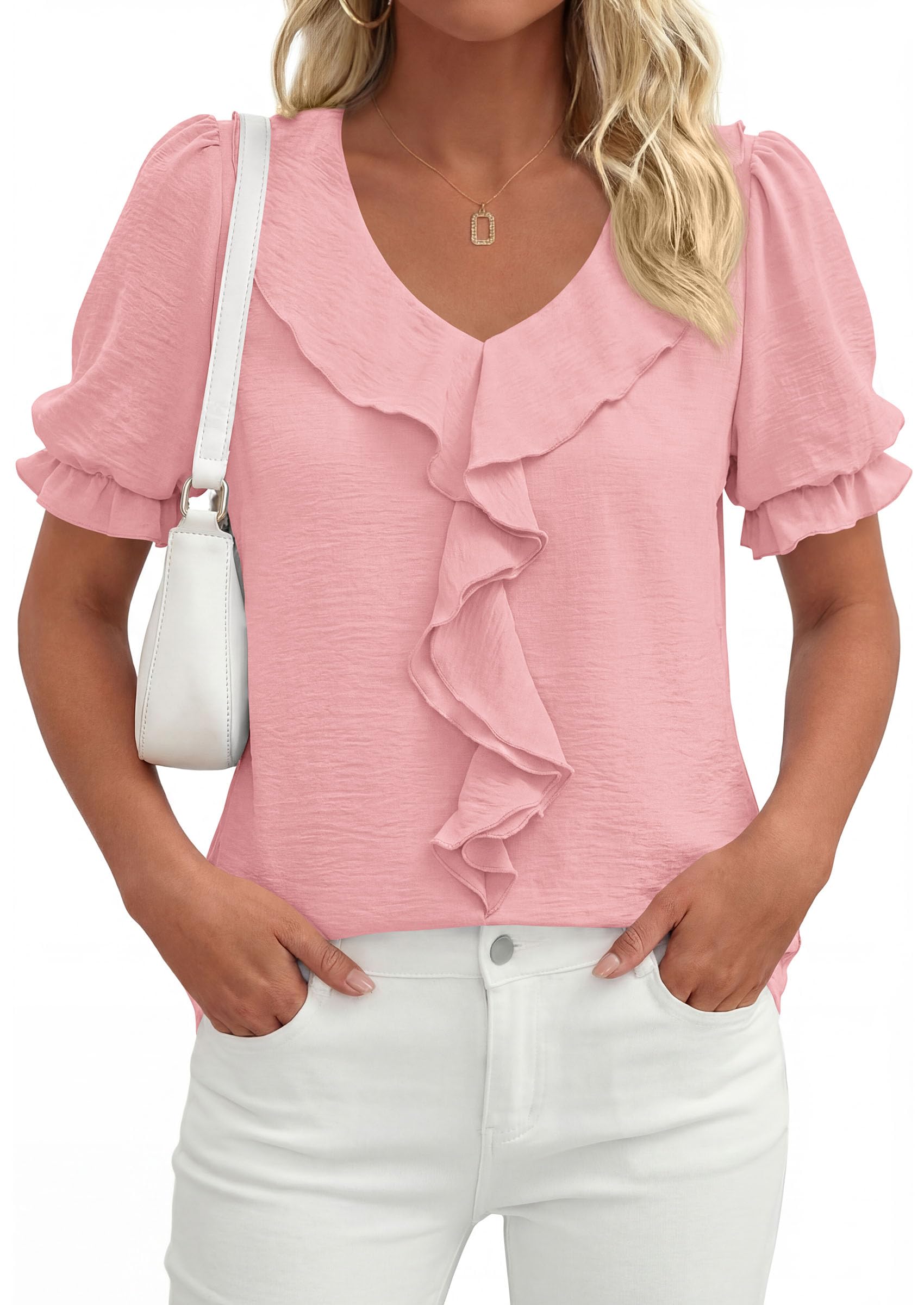 Women's Summer Ruffle Dressy Casual Blouses (Pink,S)