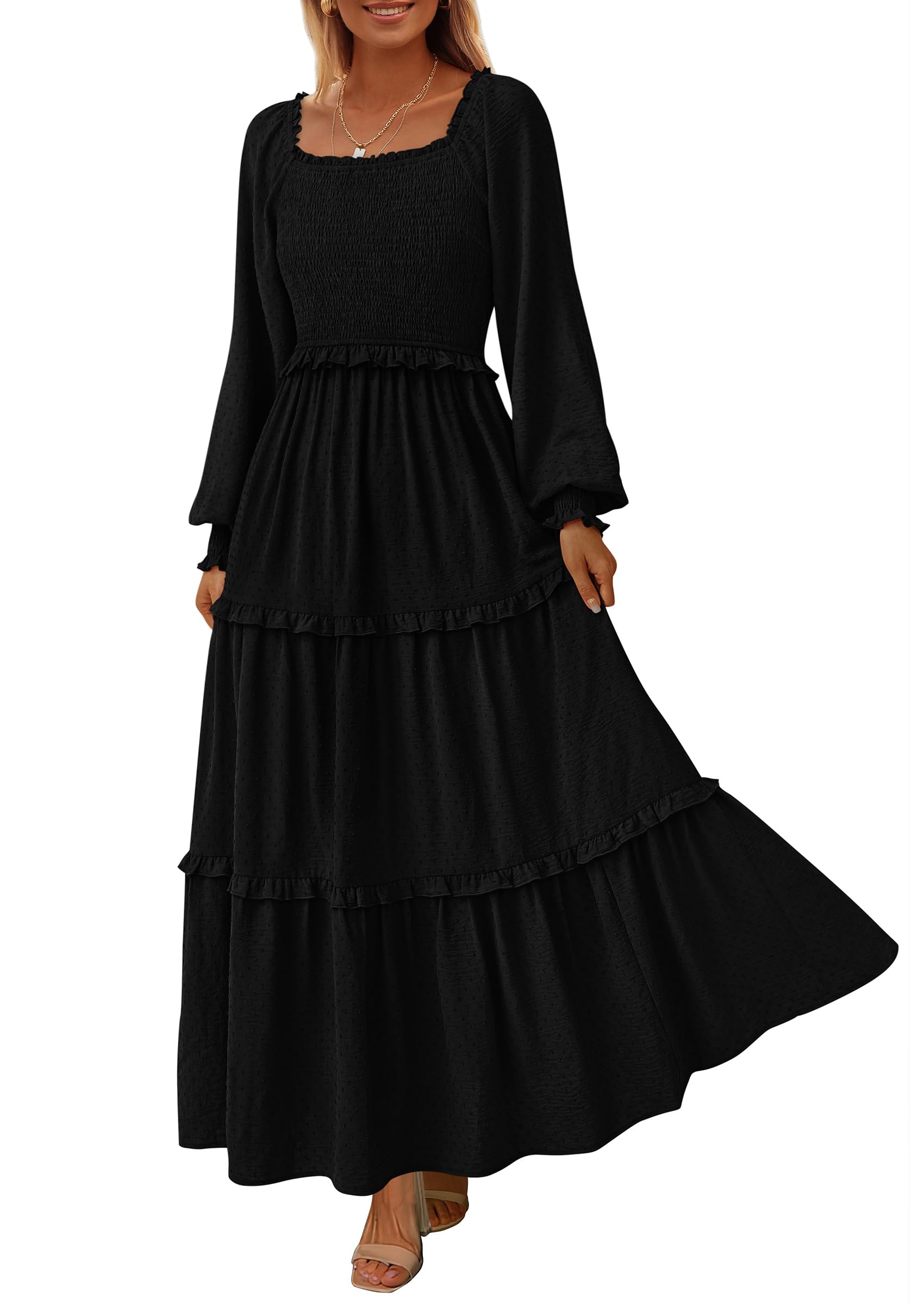 Women's Smocked Long Sleeve Maxi Dress Wedding Guest Dresses