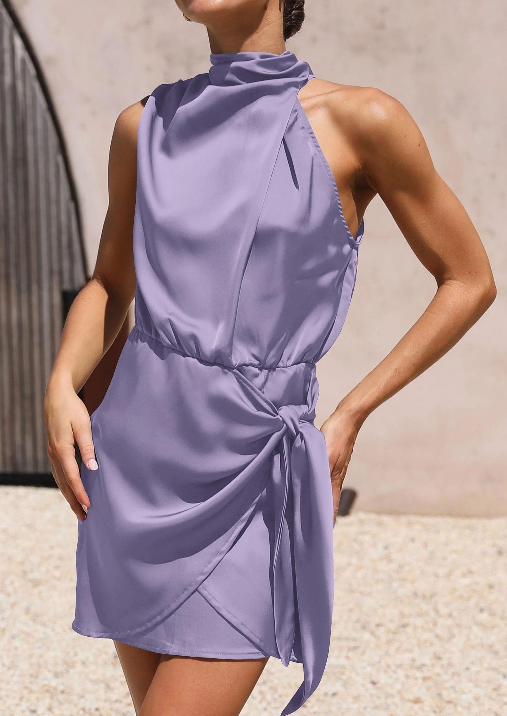 Women's Formal Short Satin Cocktail Dress Purple