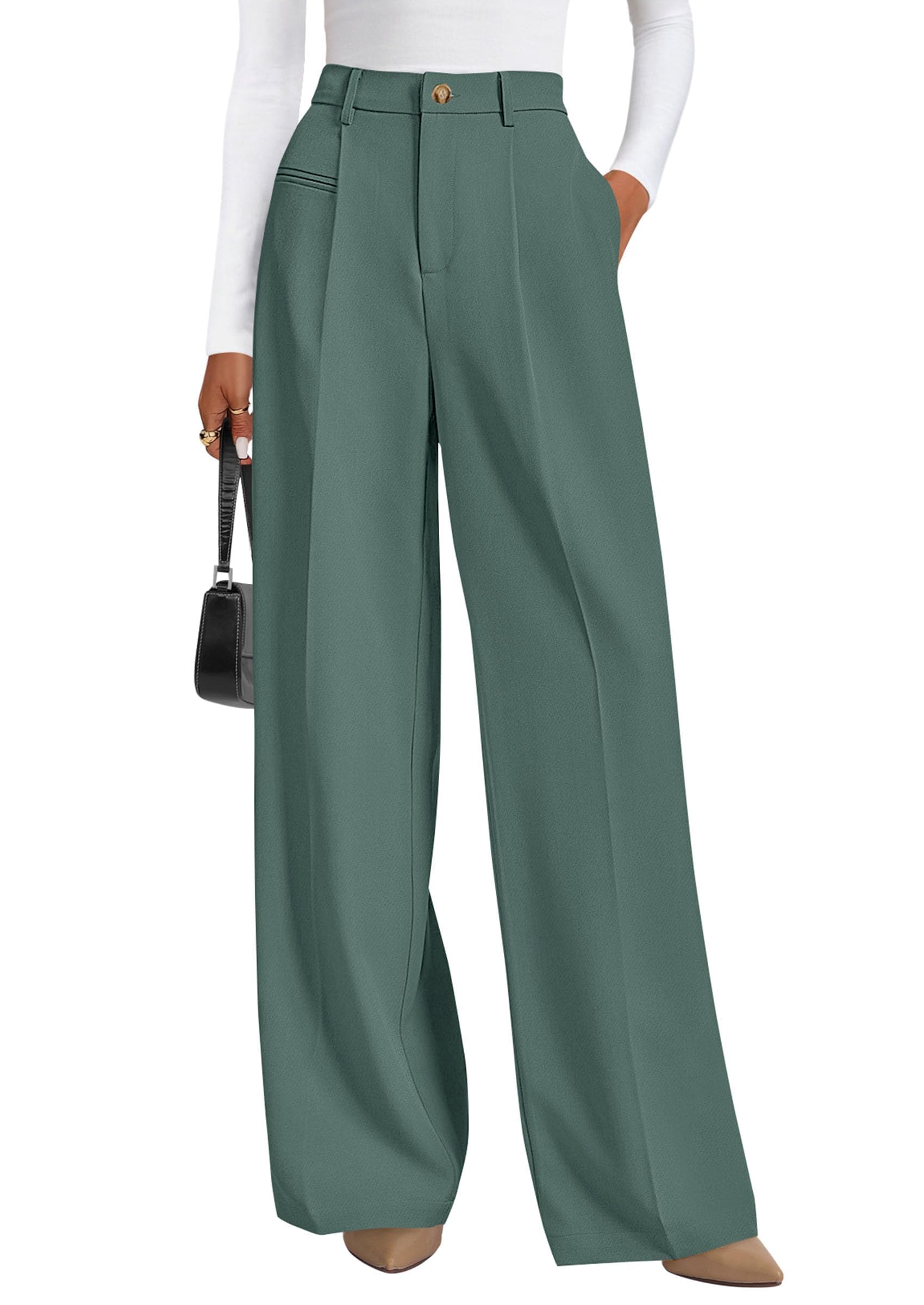 Women's Tailored Wide Leg Work Dress Pants,Grey Green,XS