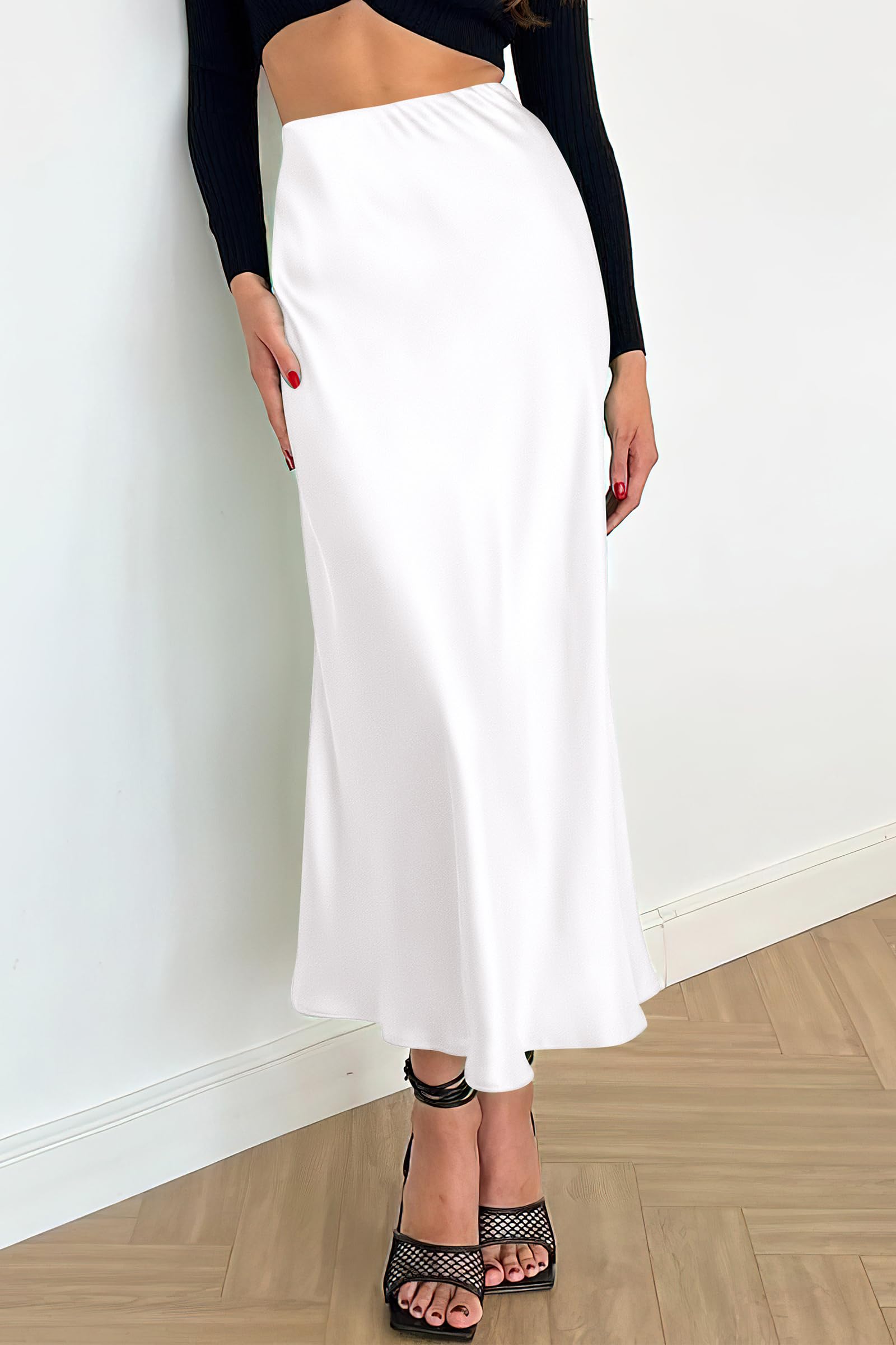 Women's Satin Midi Skirts Dressy Casual,White,S