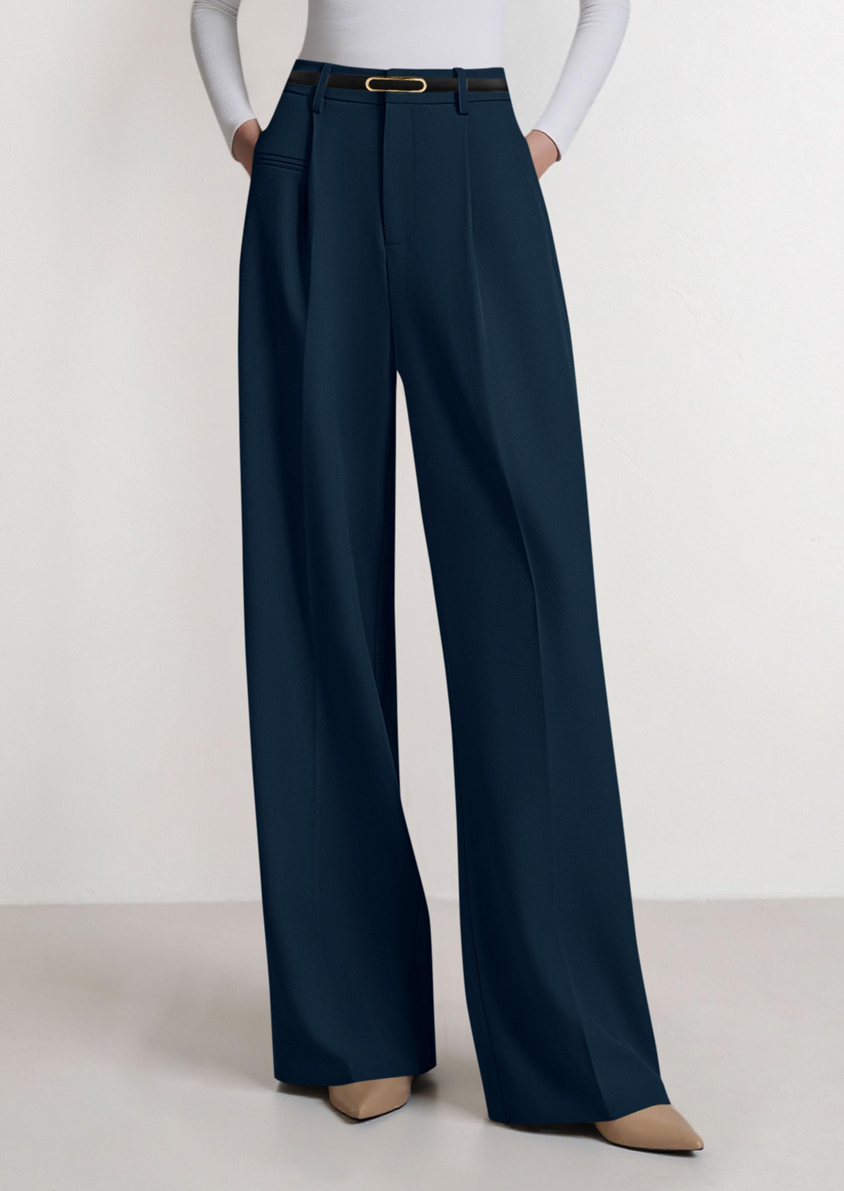 Women's Tailored Wide Leg Work Dress Pants,Dark Blue,XS
