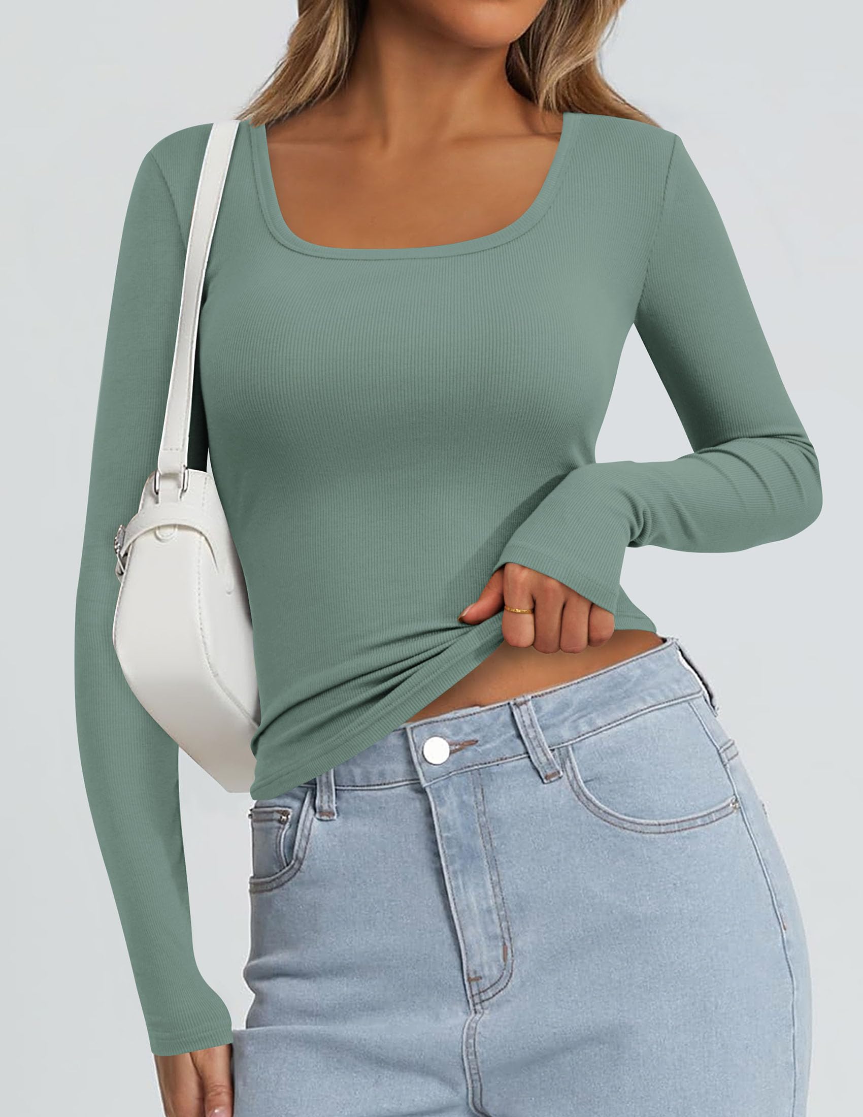 Square Neck Long Sleeve Shirts for Women Sage Green,XS