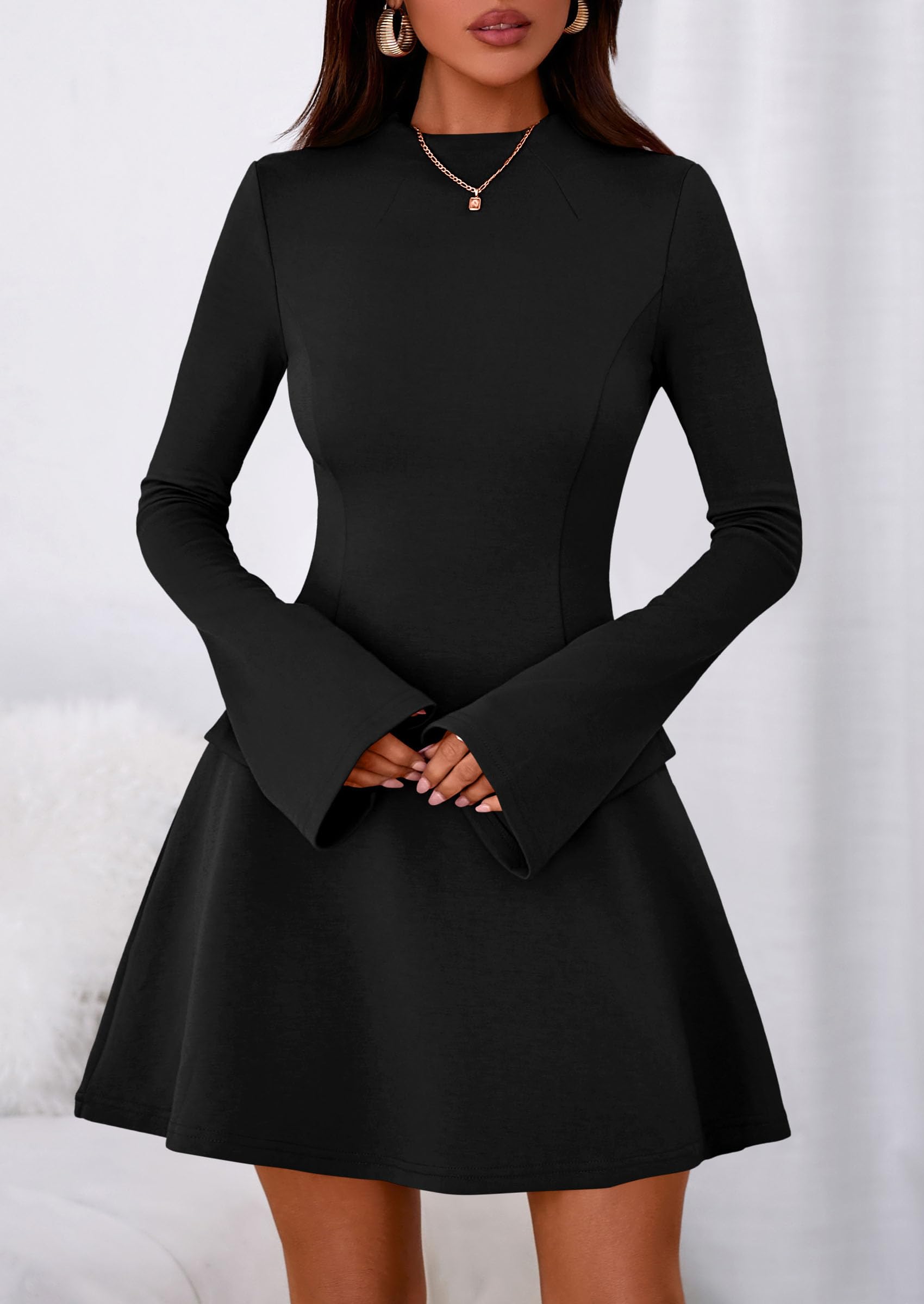Women's Fall Bell Sleeve Short Dress,Black,XS