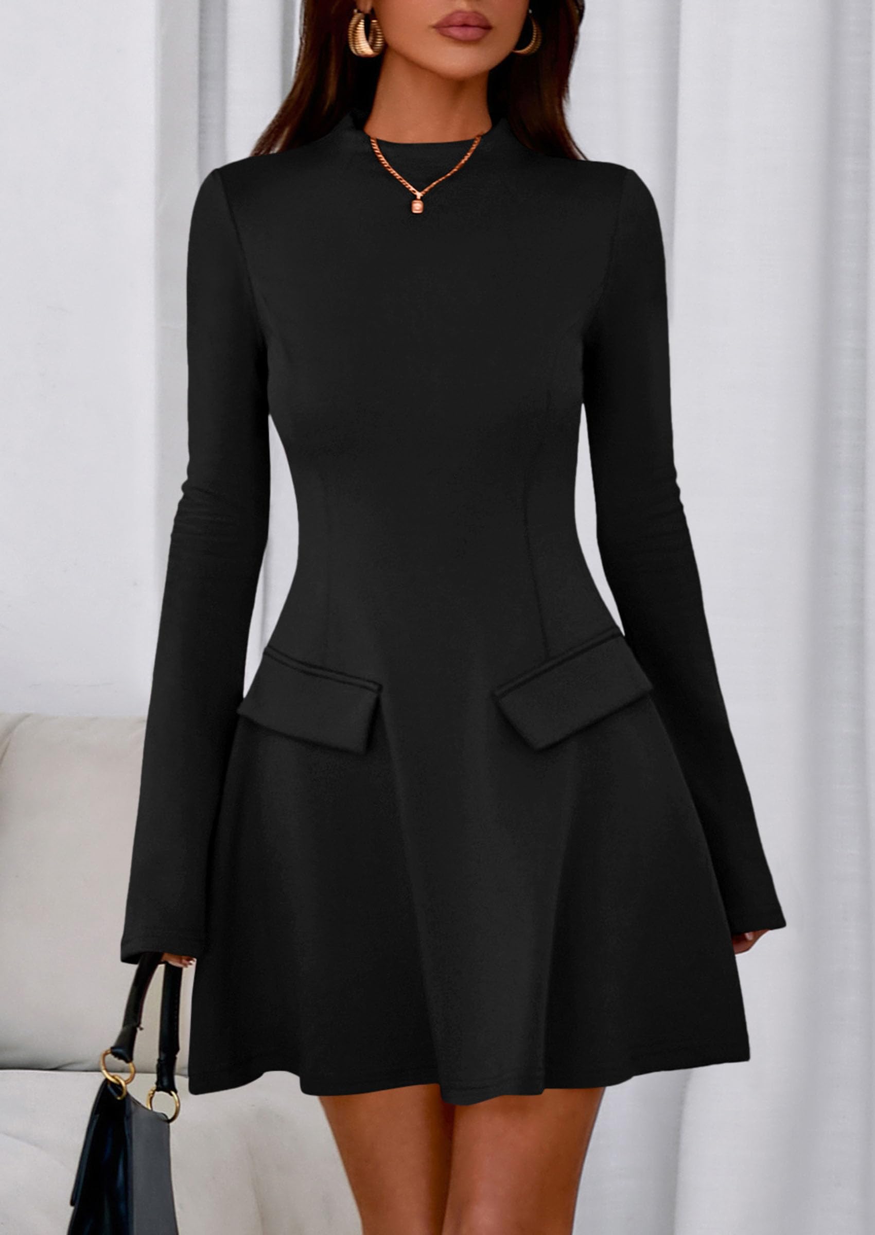 Women's Fall Bell Sleeve Short Dress,Black,XS