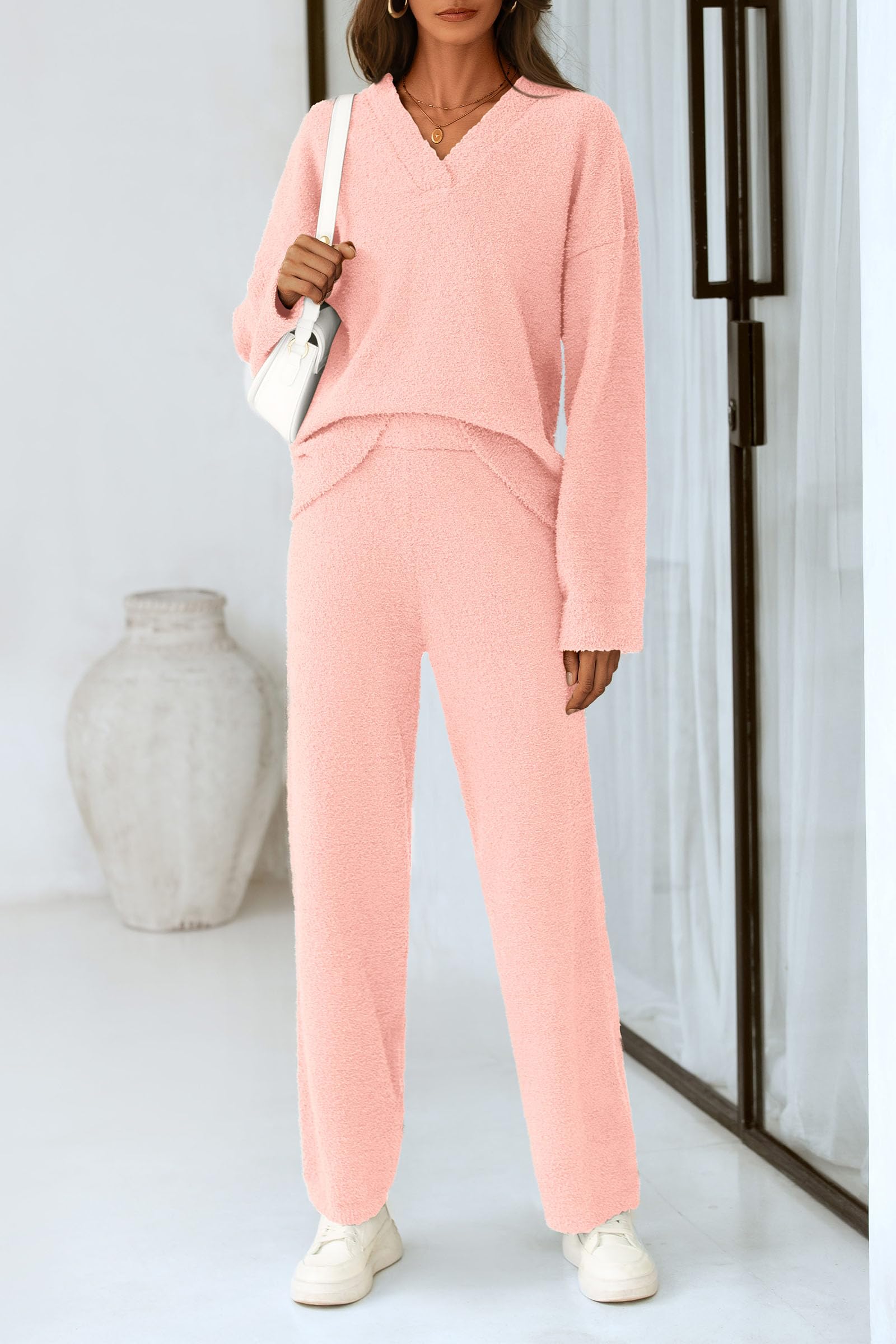 Lounge Sets for Women Fall 2 Piece Fuzzy Sweater Pajama Set