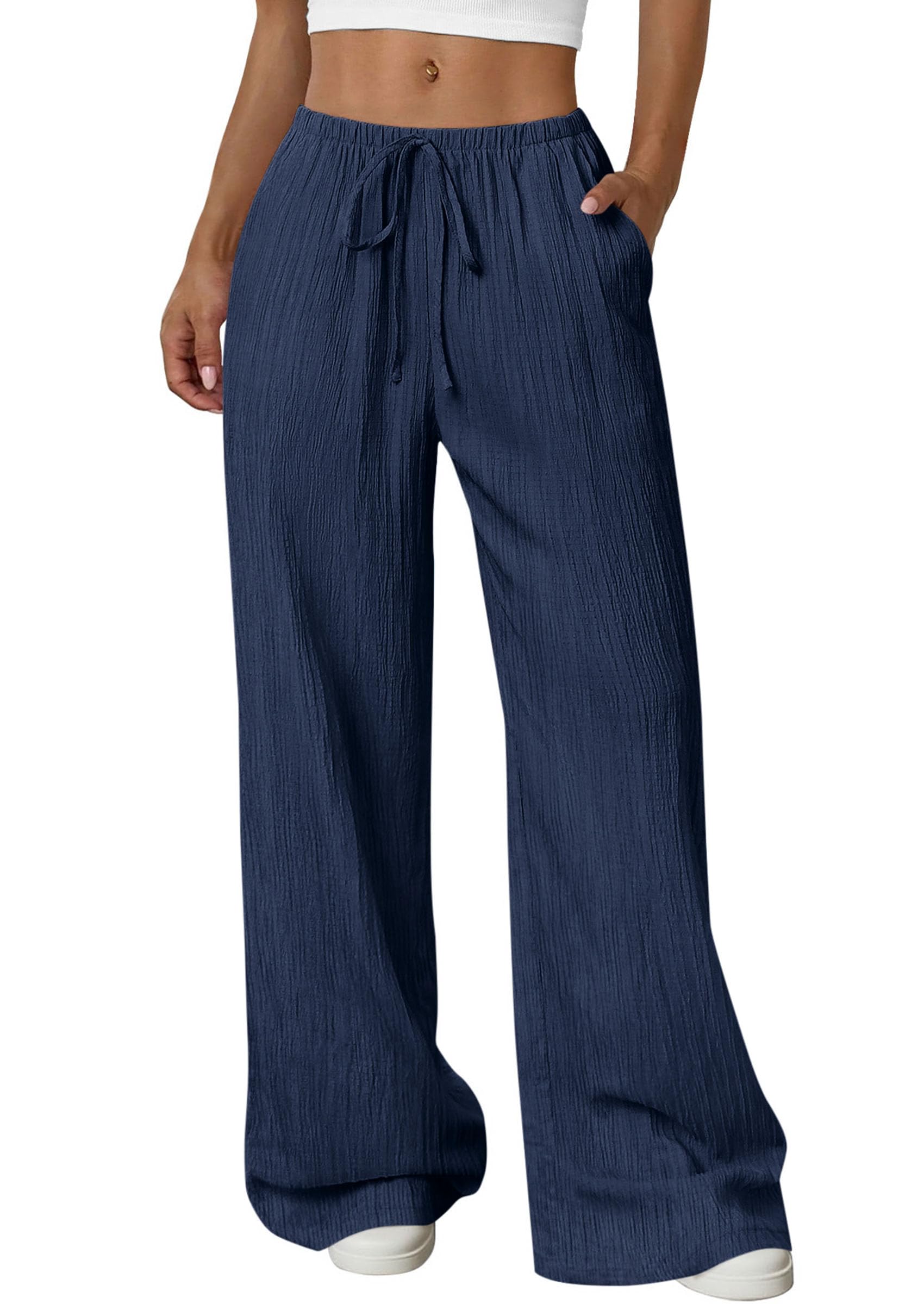 Women's Palazzo Pants Casual Wide Leg Trousers,Navy Blue,S