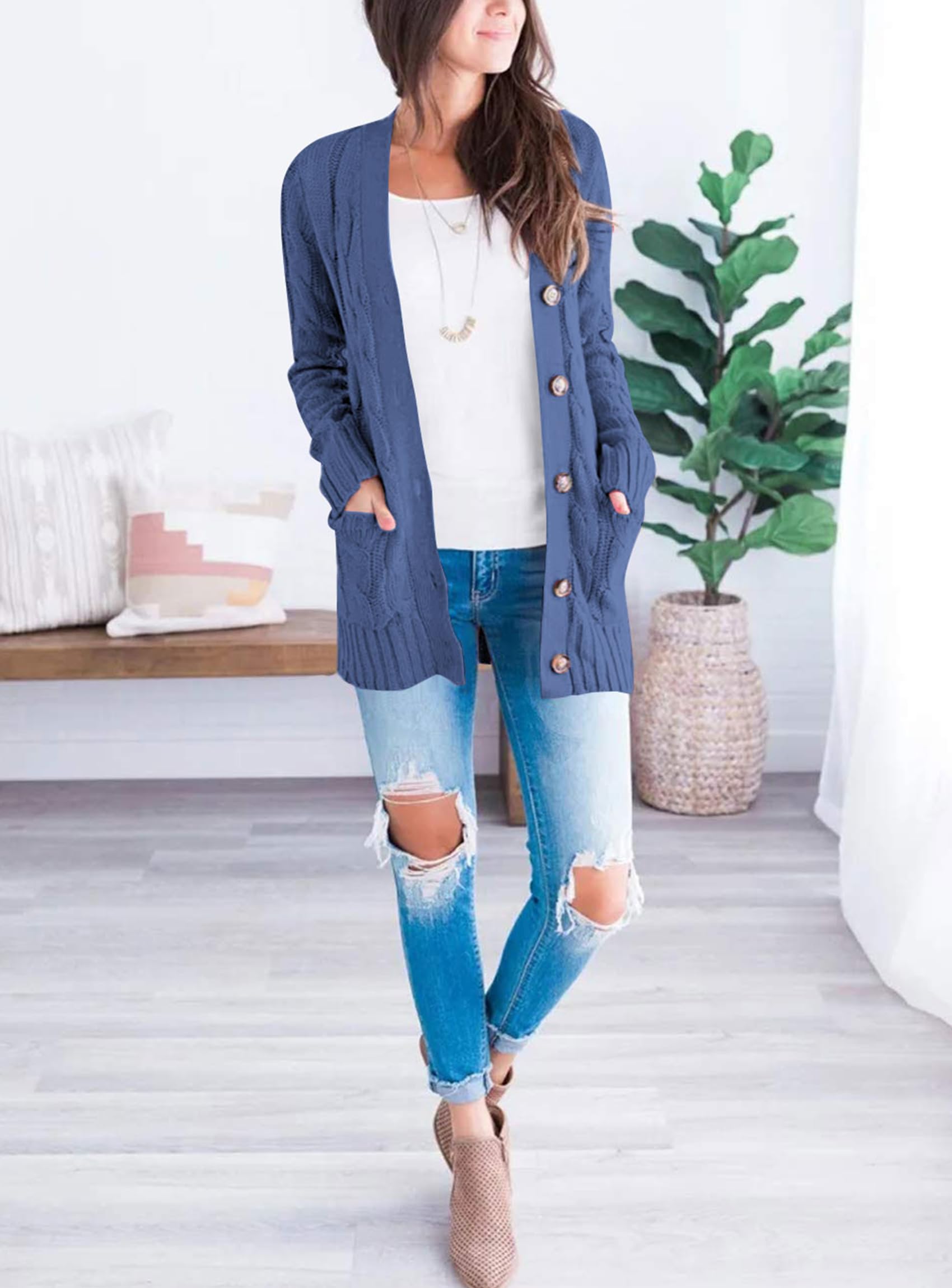 Women Chunky Cable Knit Cardigan Sweaters Fall Fashion Clothes