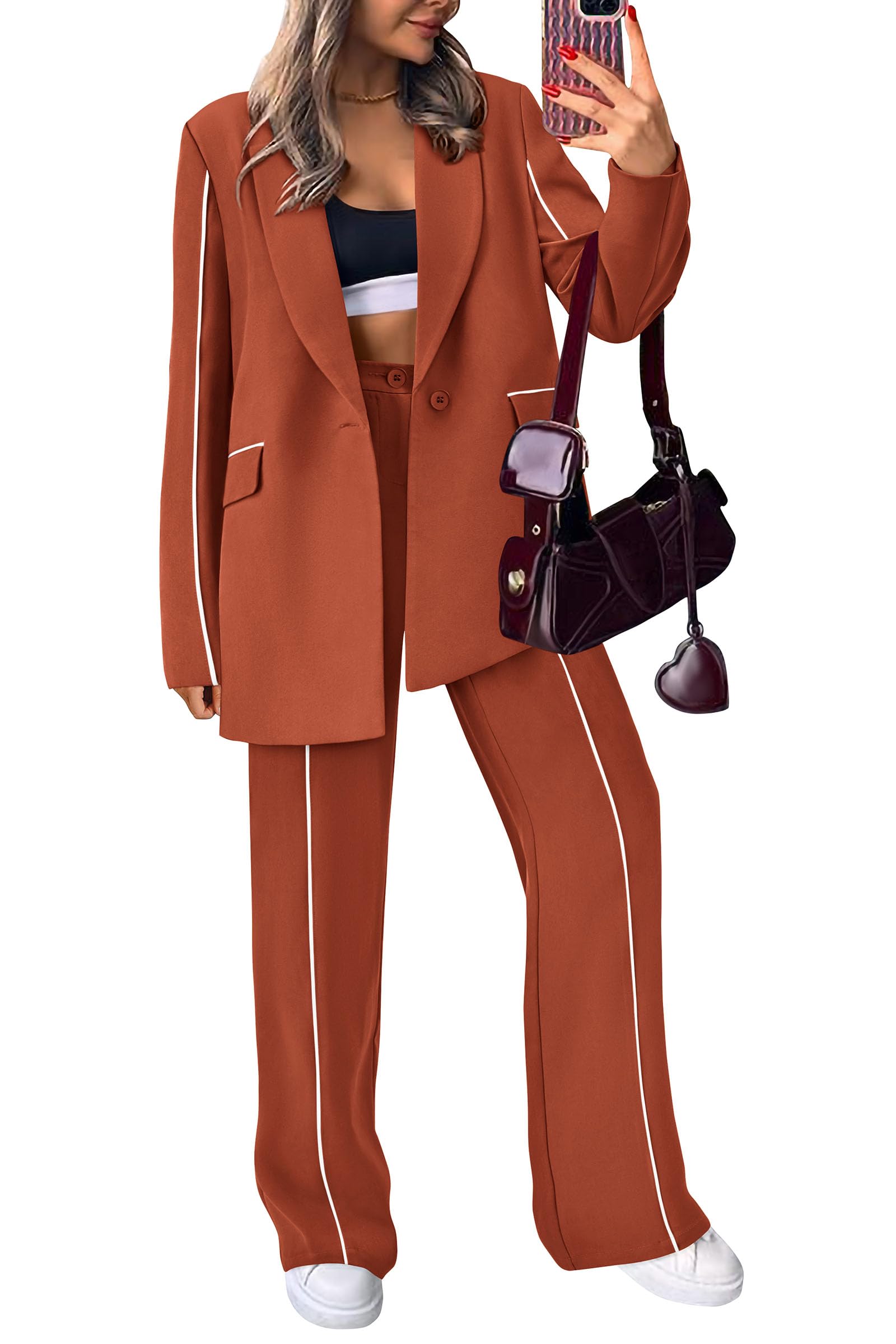 Women's 2 Piece Blazer Business Casual Outfits(Brick Red,S)