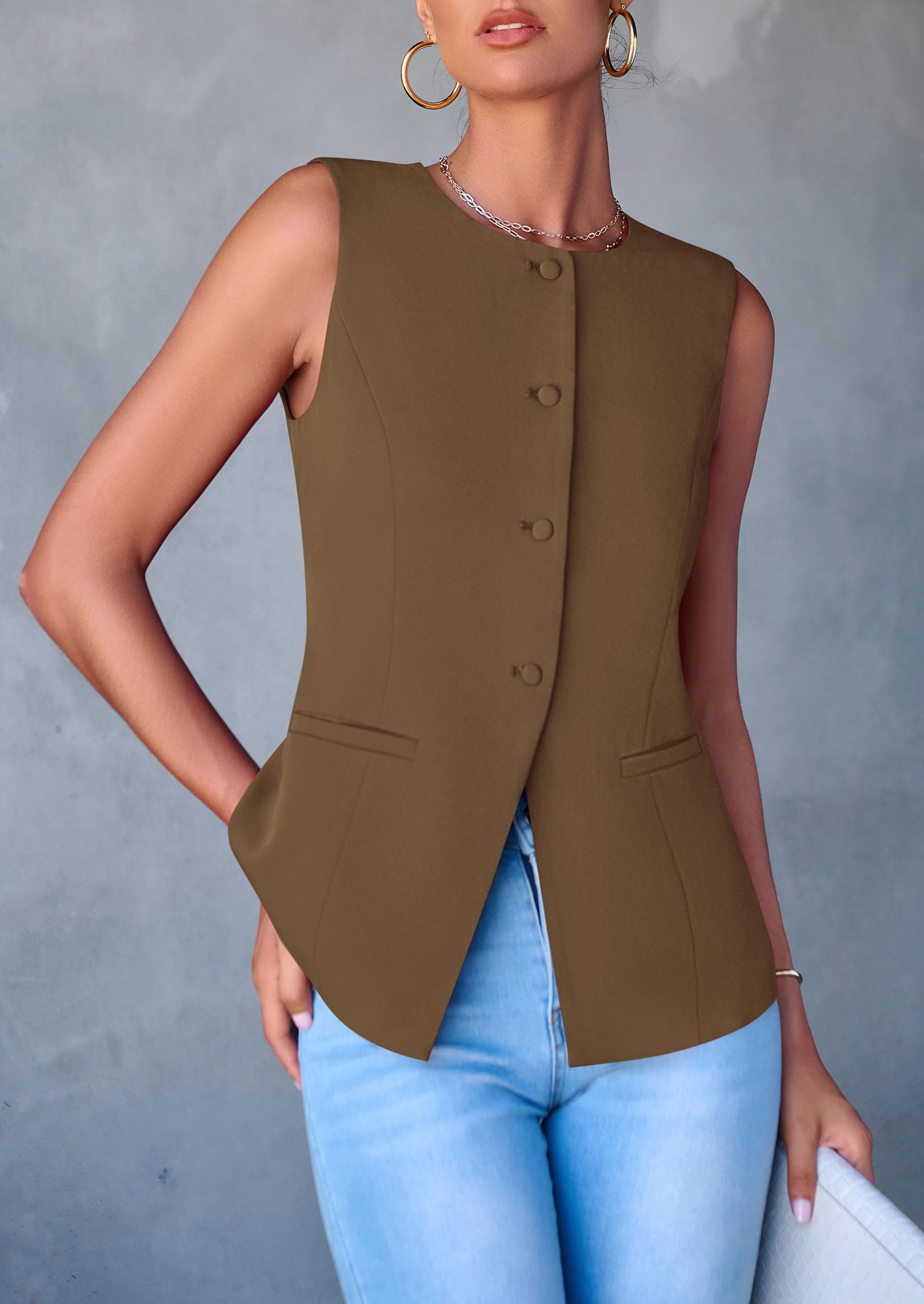 Women Tailored Suit Vest Business Casual Tops, Coffee,S