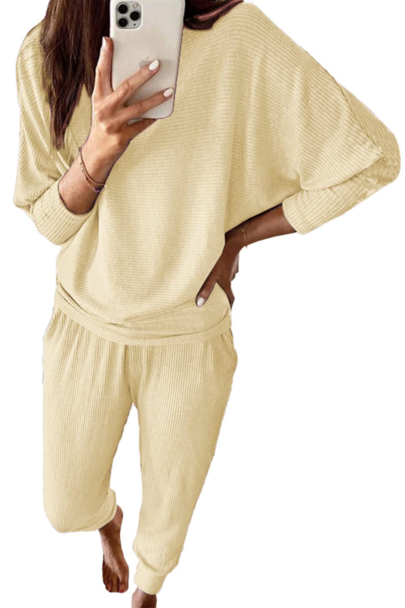 Women's 2 Piece Fall Outfits Matching Ribbed Knit Lounge Sets